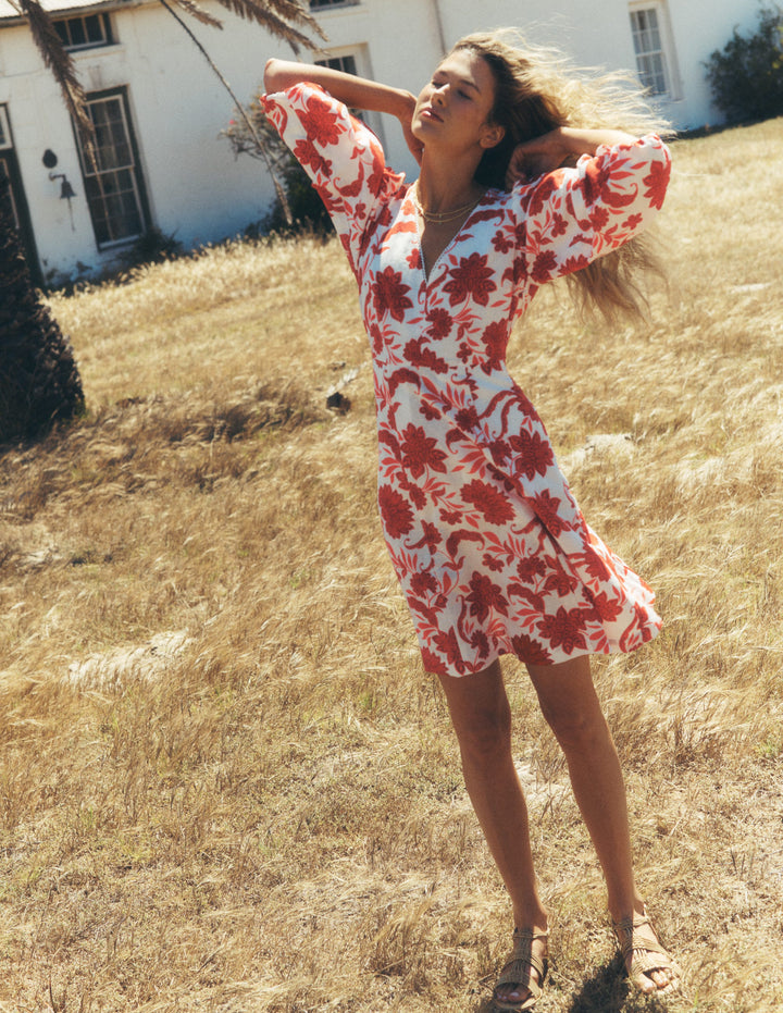 Marla Kurzes Kleid aus Leinenmischgewebe-Rot Elegante Blüten