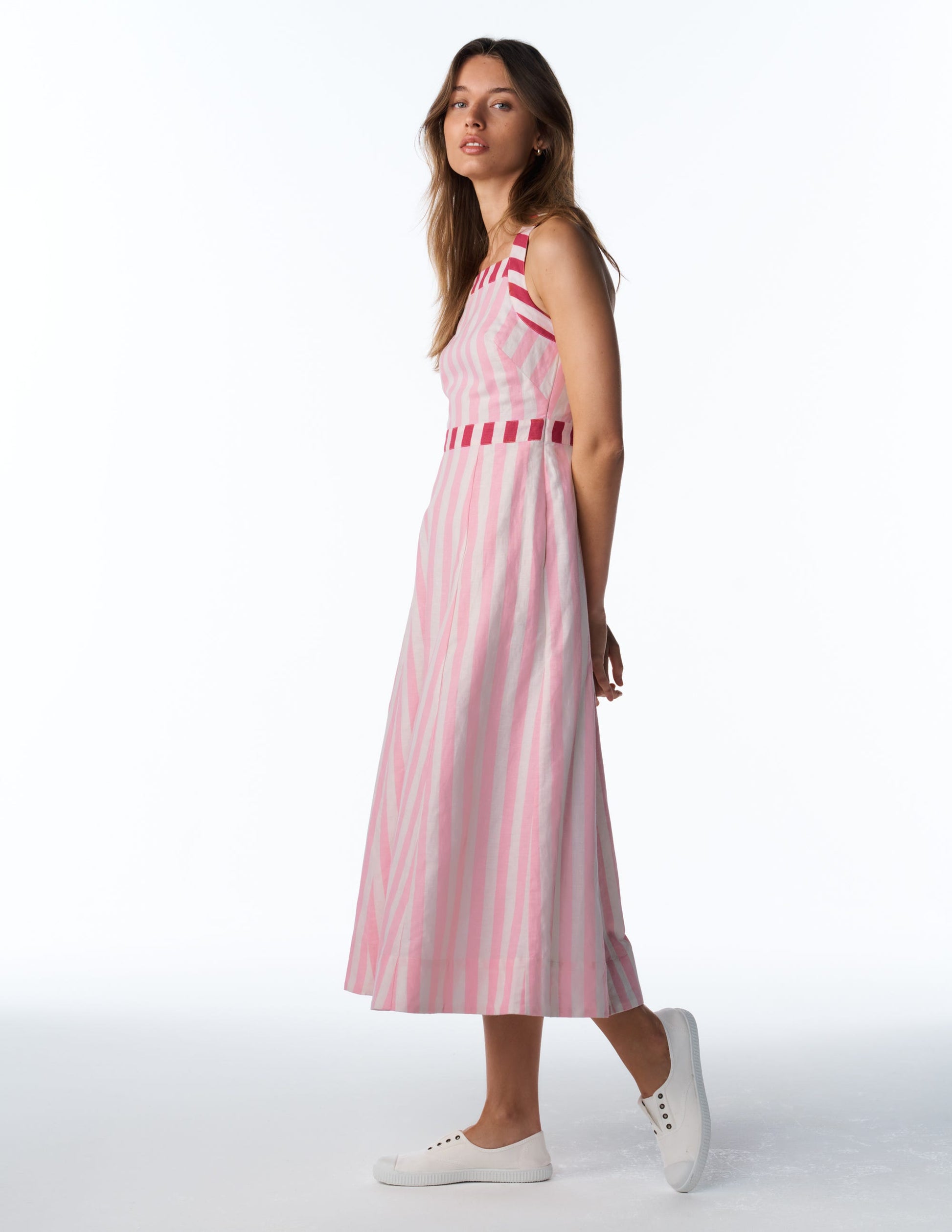 Kleid aus Leinenmischmischgewebe mit überkreuzten Rückenträgern-Orchideenrosa Streifen-1