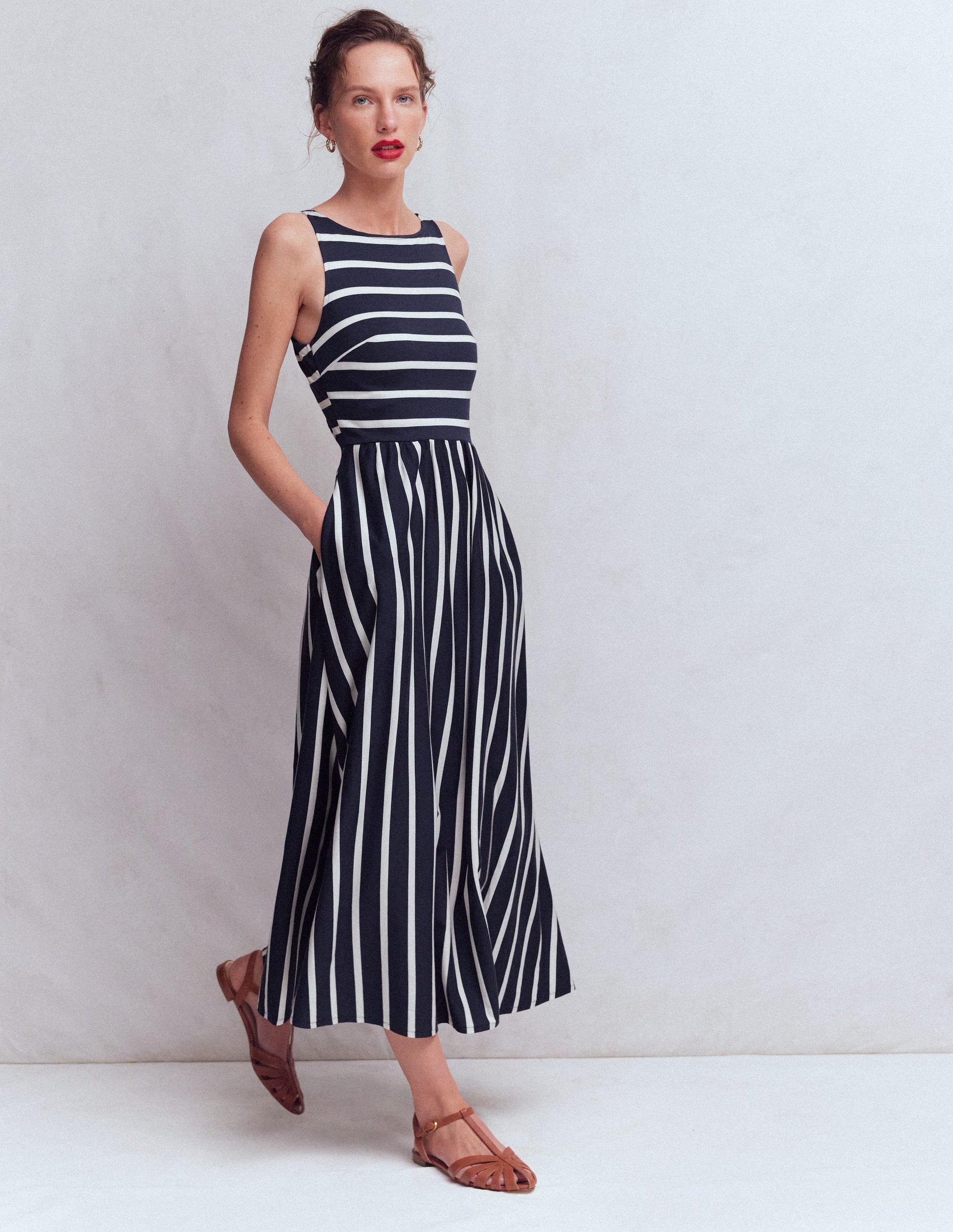 Saoirse Gesmoktes Jerseykleid-Marineblau, Naturweiß Gestreift-4