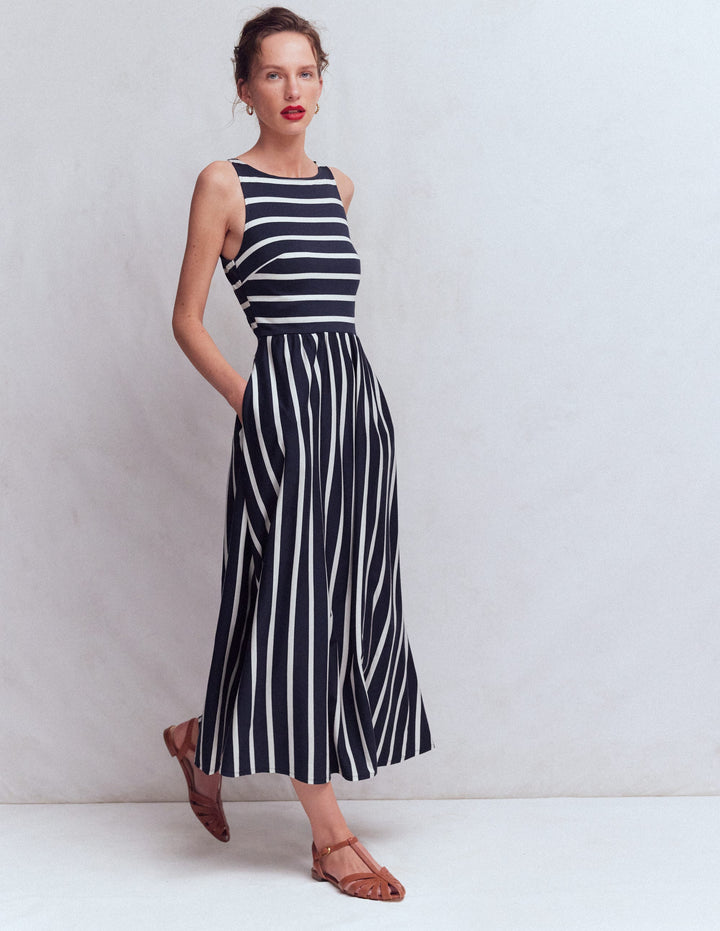Robe Saoirse à smocks en jersey-Bleu marine, rayé ivoire
