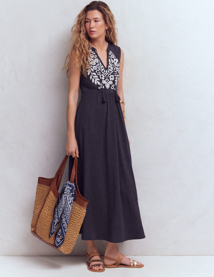 Robe longue à col cranté en jersey-Bleu marine