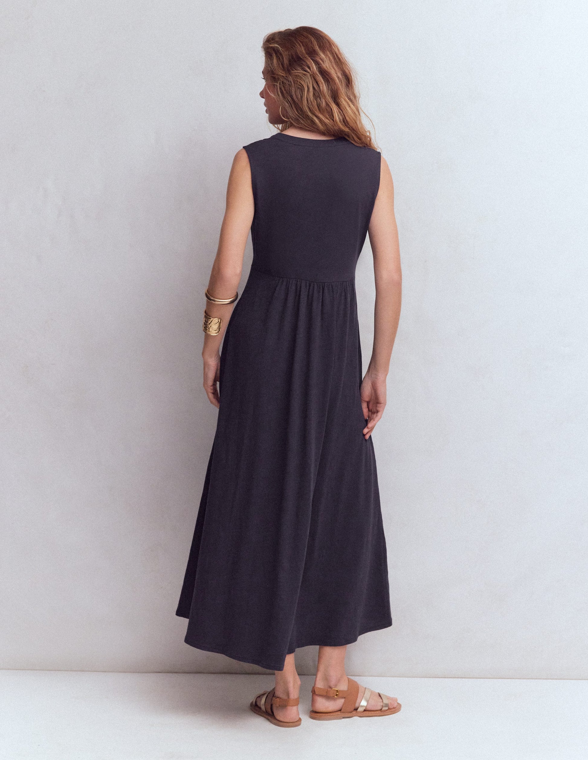 Jersey-Maxikleid mit gekerbtem Ausschnitt-Marineblau-3