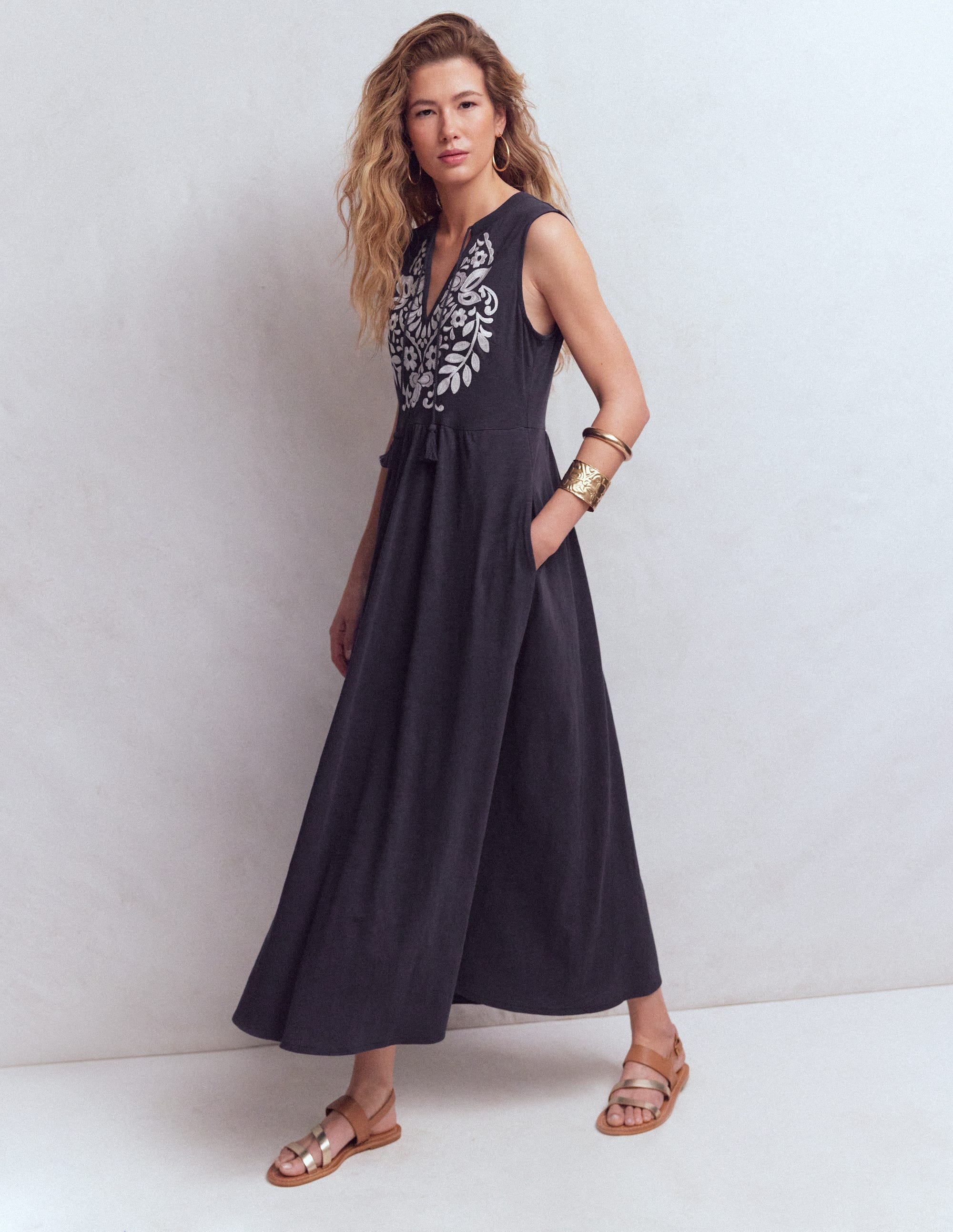Jersey-Maxikleid mit gekerbtem Ausschnitt-Marineblau - Image 4
