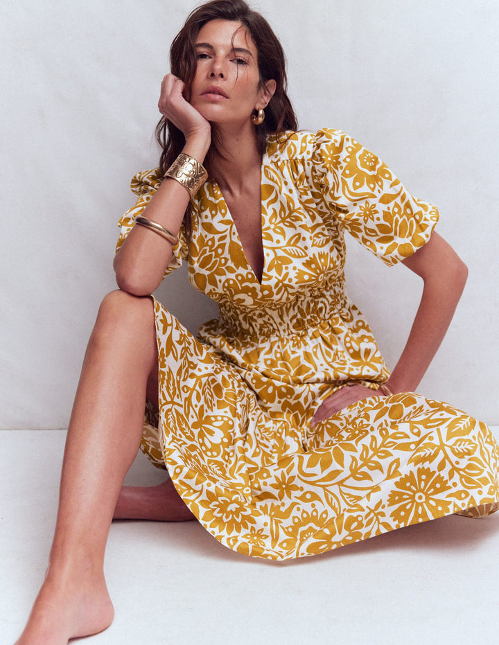 Irene Kleid mit Puffärmeln-Goldweizen, Großflächiges Wiesenmuster