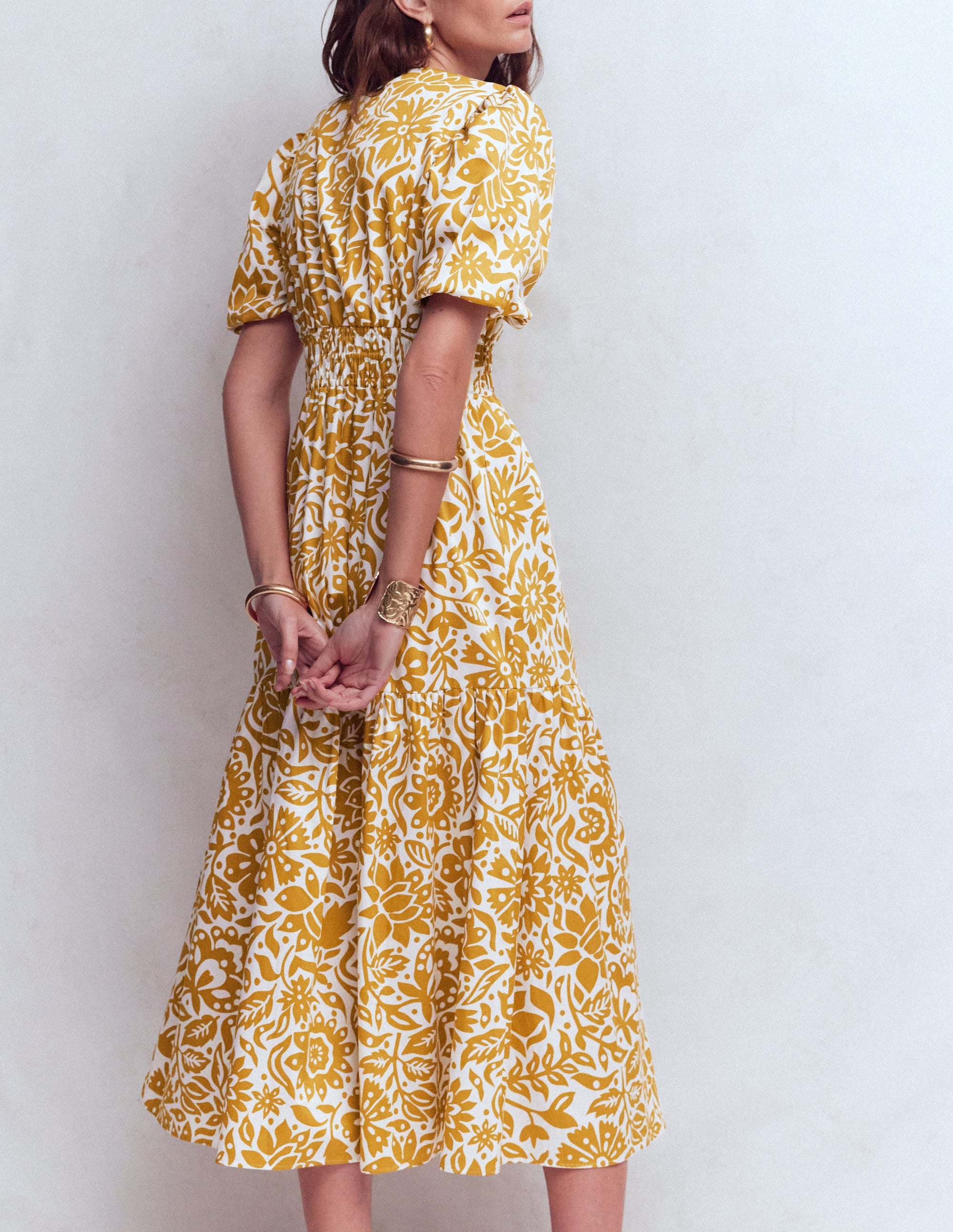 Irene Baumwollkleid mit Puffärmeln-Goldweizen, Großflächiges Wiesenmuster - Image 4