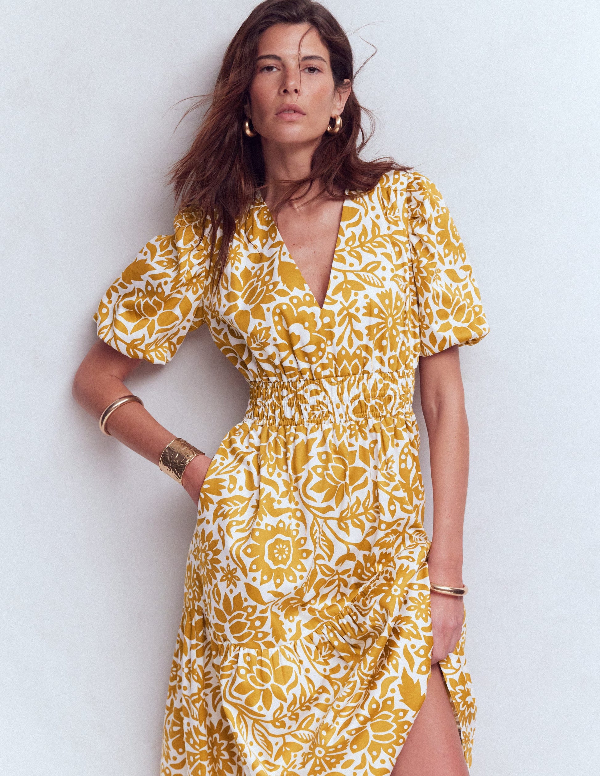 Irene Kleid mit Puffärmeln-Goldweizen, Großflächiges Wiesenmuster-5