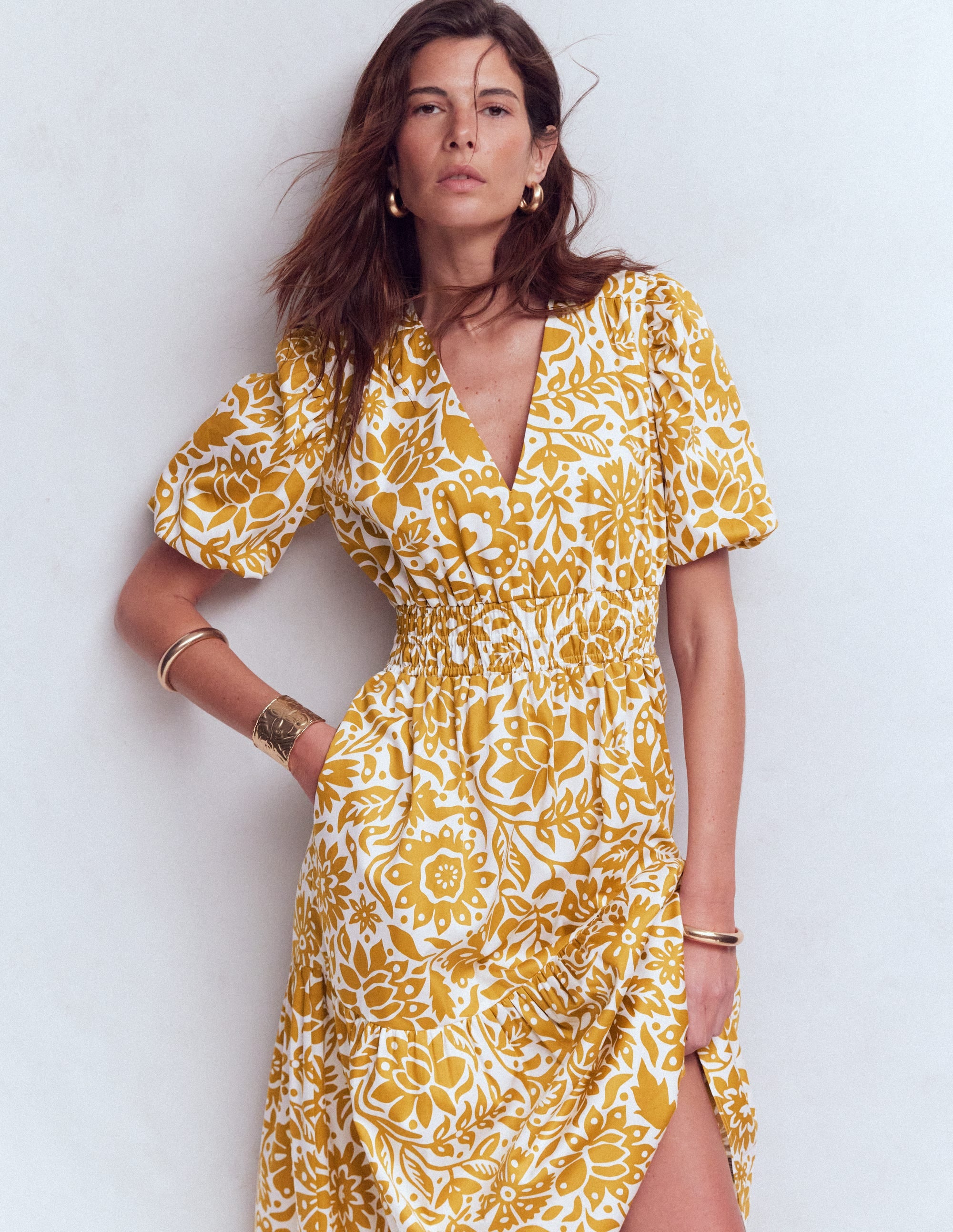 Irene Baumwollkleid mit Puffärmeln-Goldweizen, Großflächiges Wiesenmuster - Image 5