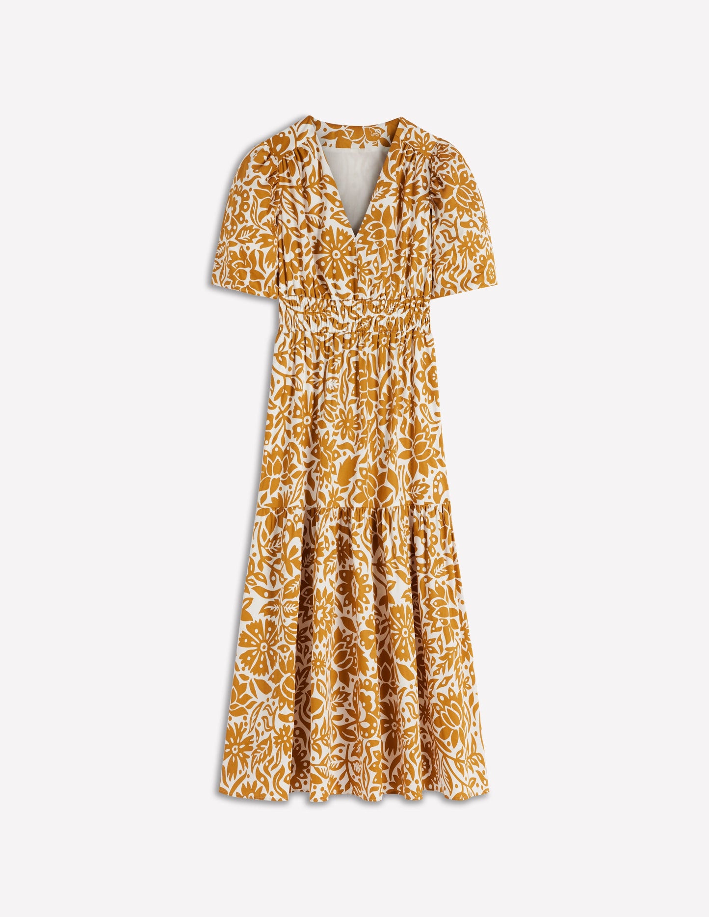 Irene Kleid mit Puffärmeln-Goldweizen, Großflächiges Wiesenmuster