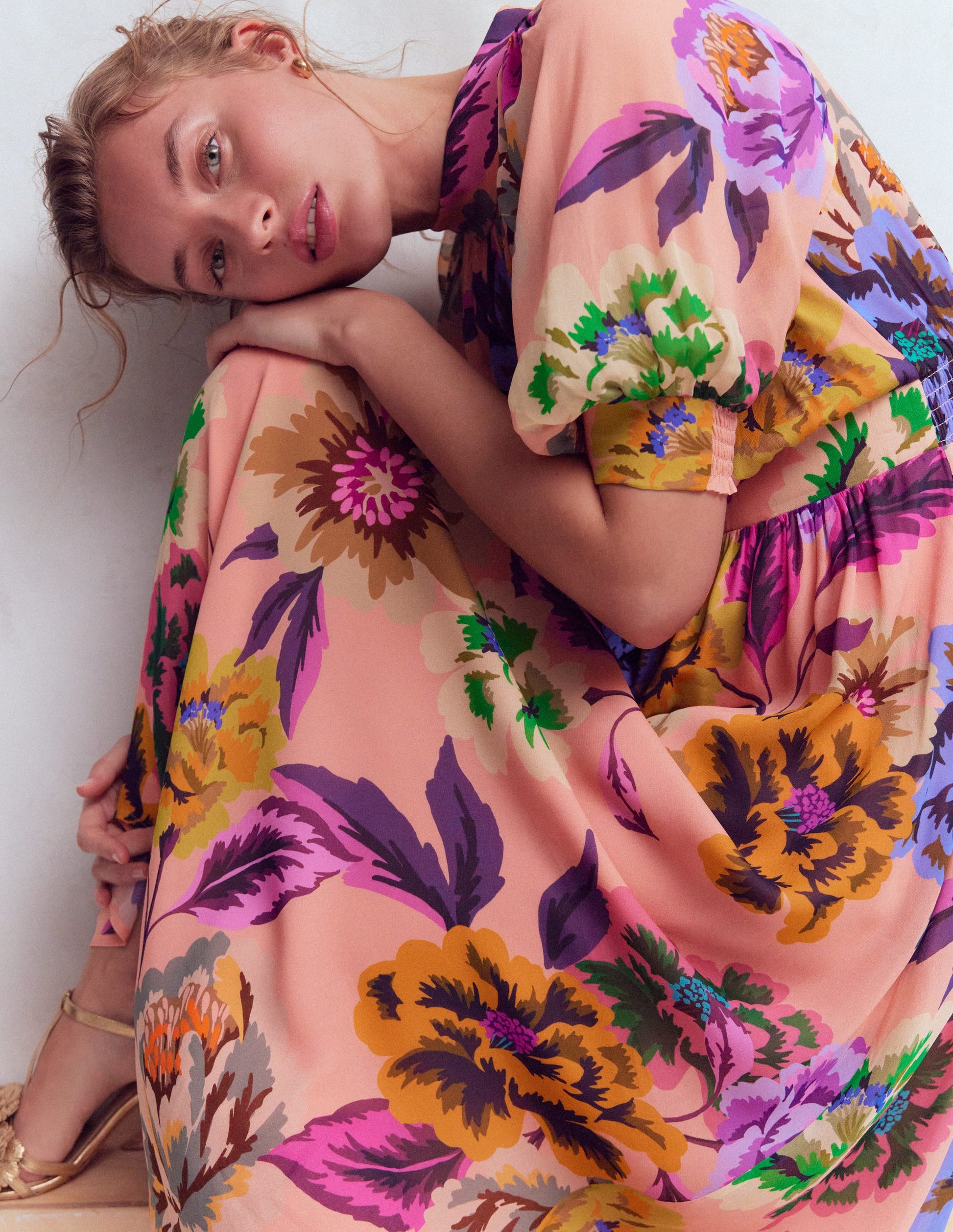 High Neck Blouson Sleeve Dress-Multi Opulent Blossom-2