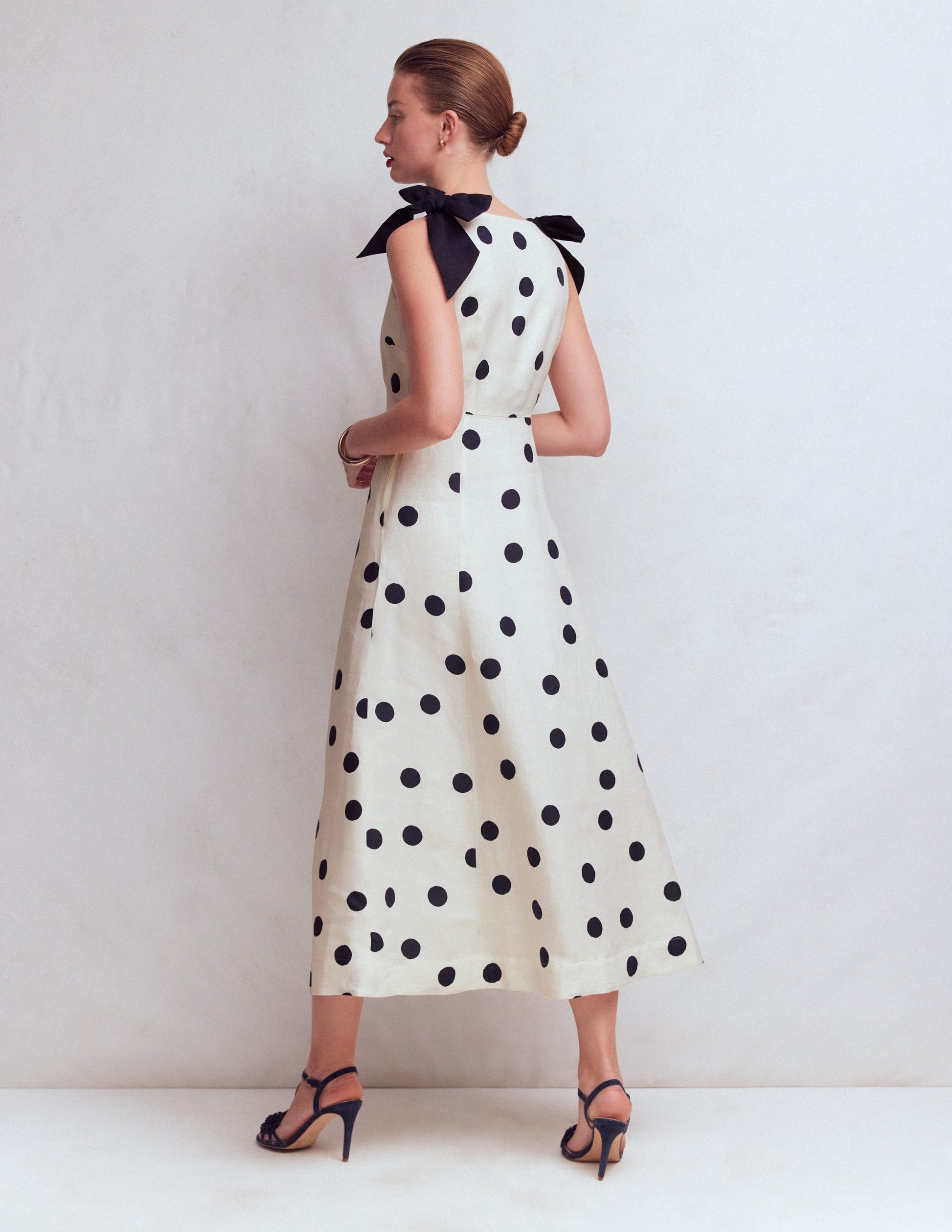 Bow Detail Empire Dress-Ivory Painted Dot Spaced-4