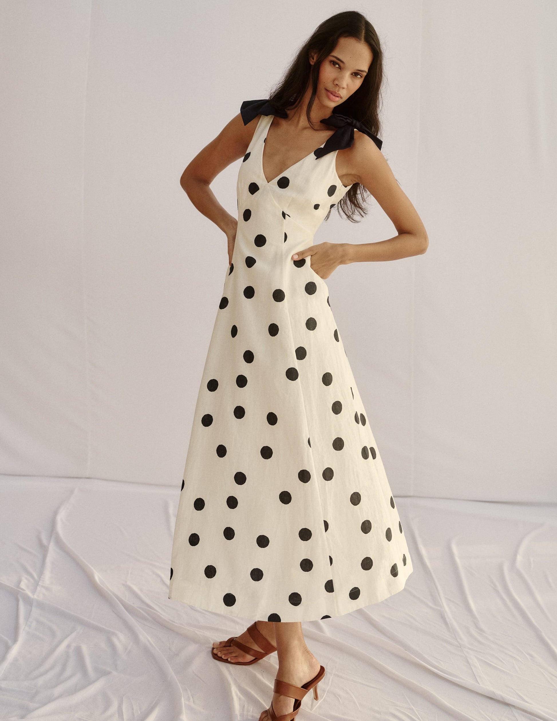 Bow Detail Empire Dress-Ivory Painted Dot Spaced-1