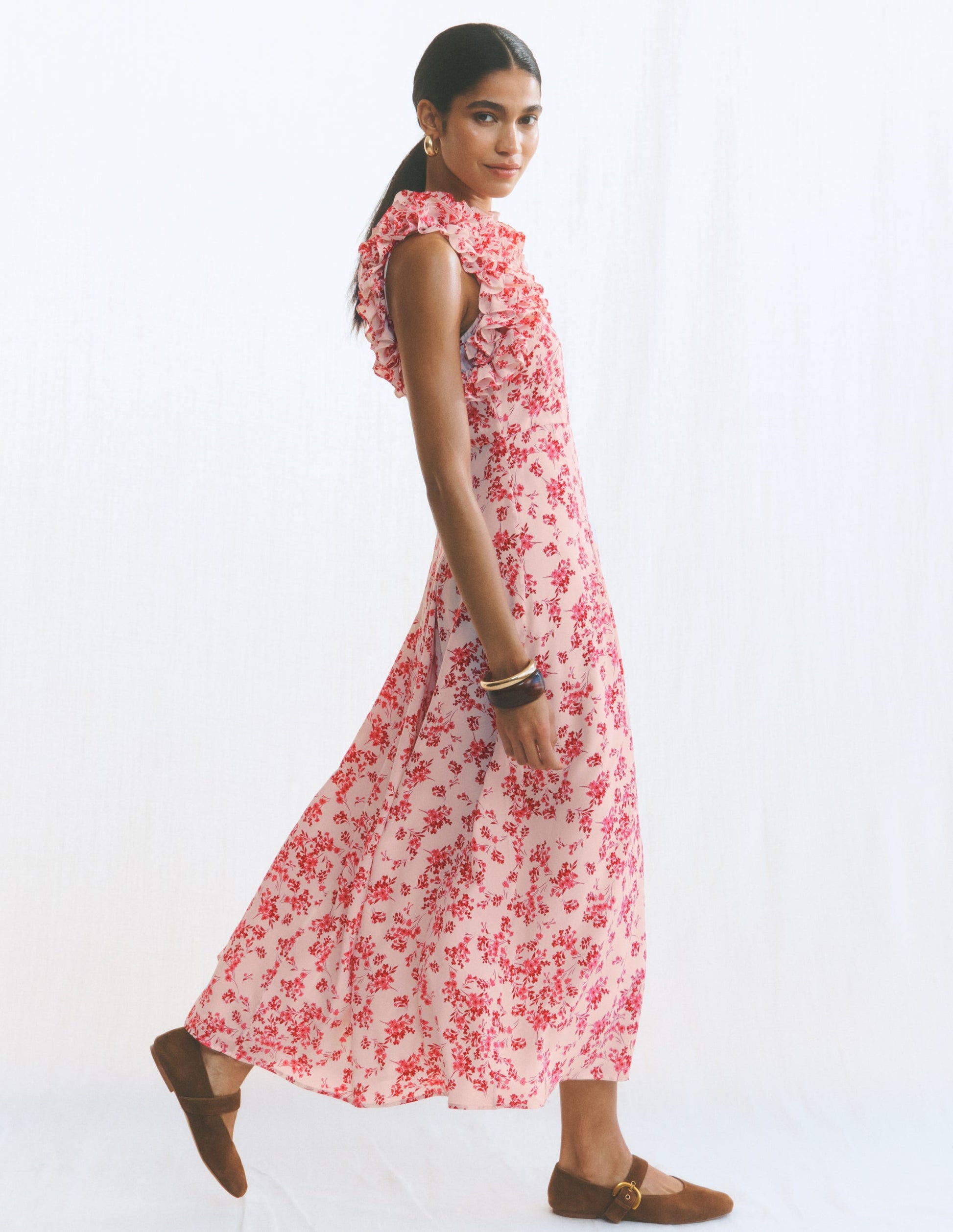 Midi-Seidenkleid mit Rüschen-Rosa Blütenpracht Monochrom-8