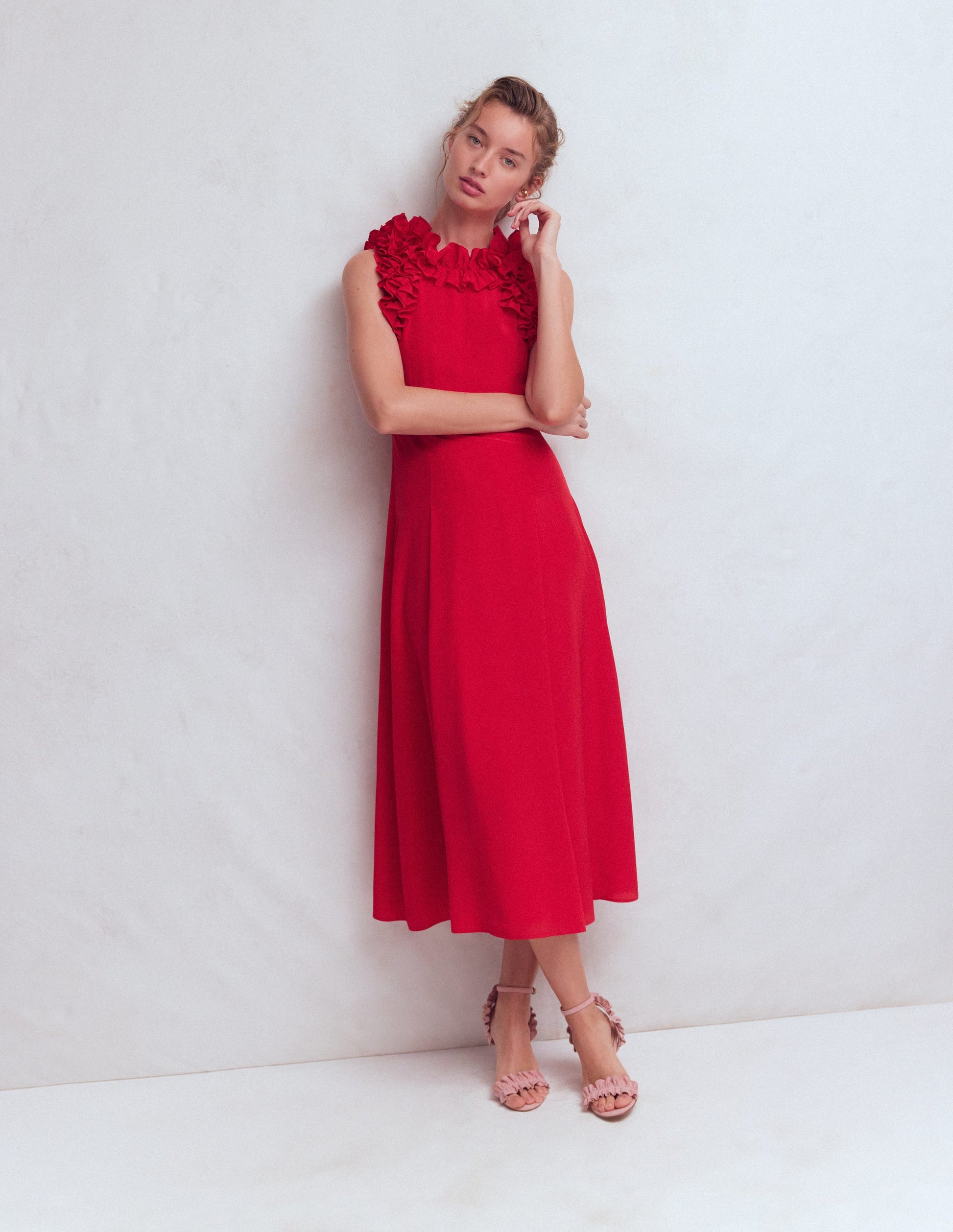 Ruffle Silk Midi Dress-Red-2