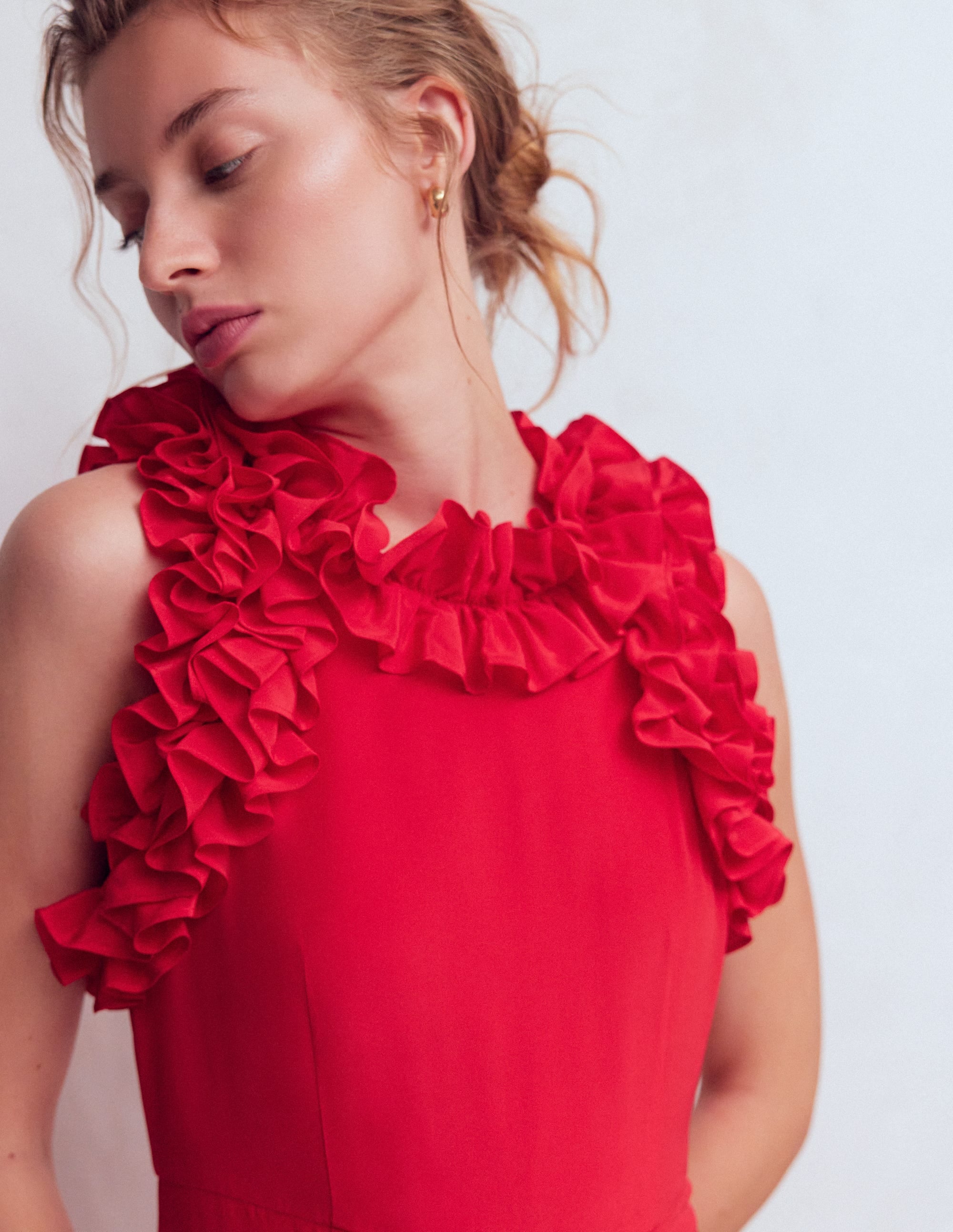 Robe midi en soie à volants-ROUGE - Image 2