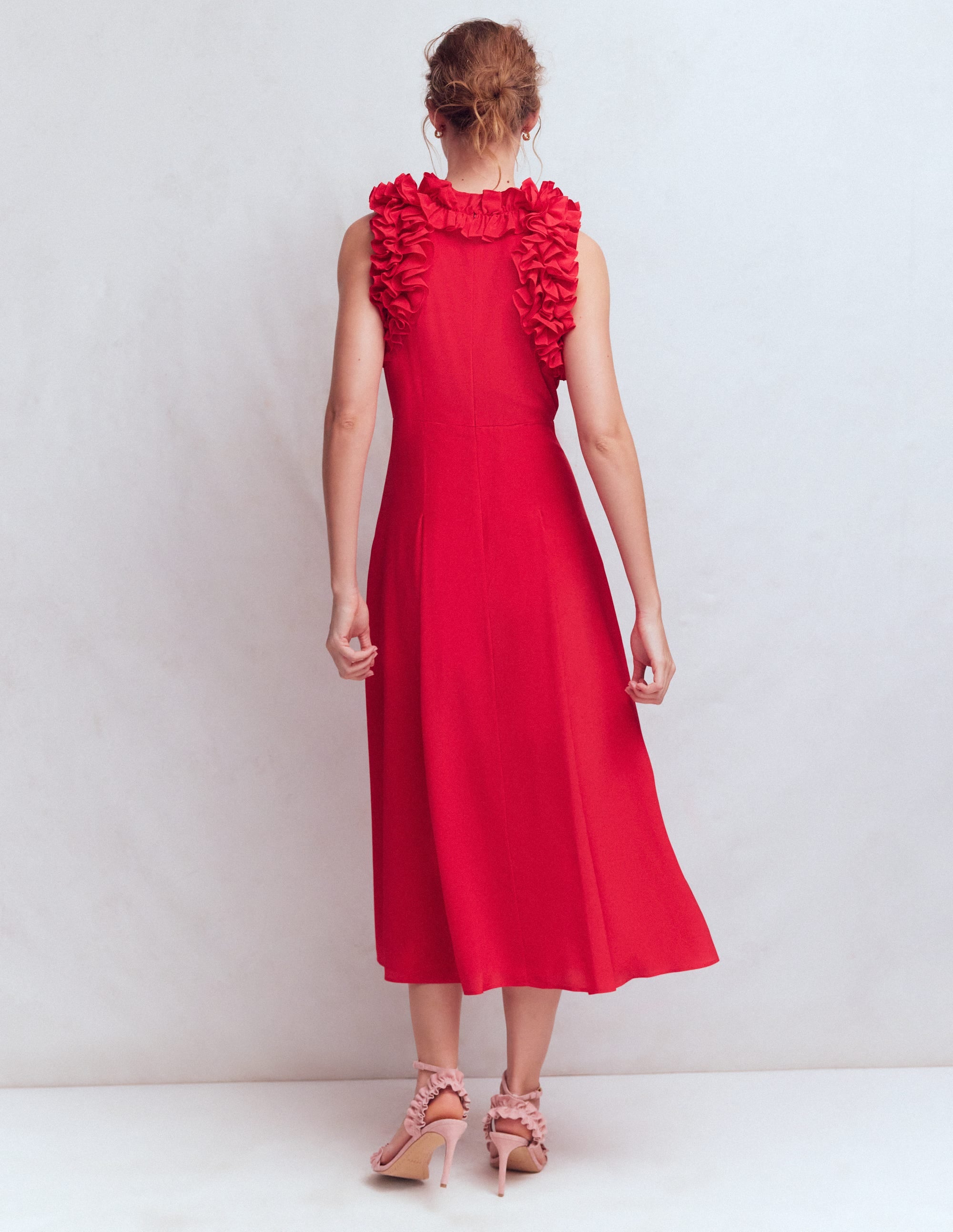Robe midi en soie à volants-ROUGE - Image 3