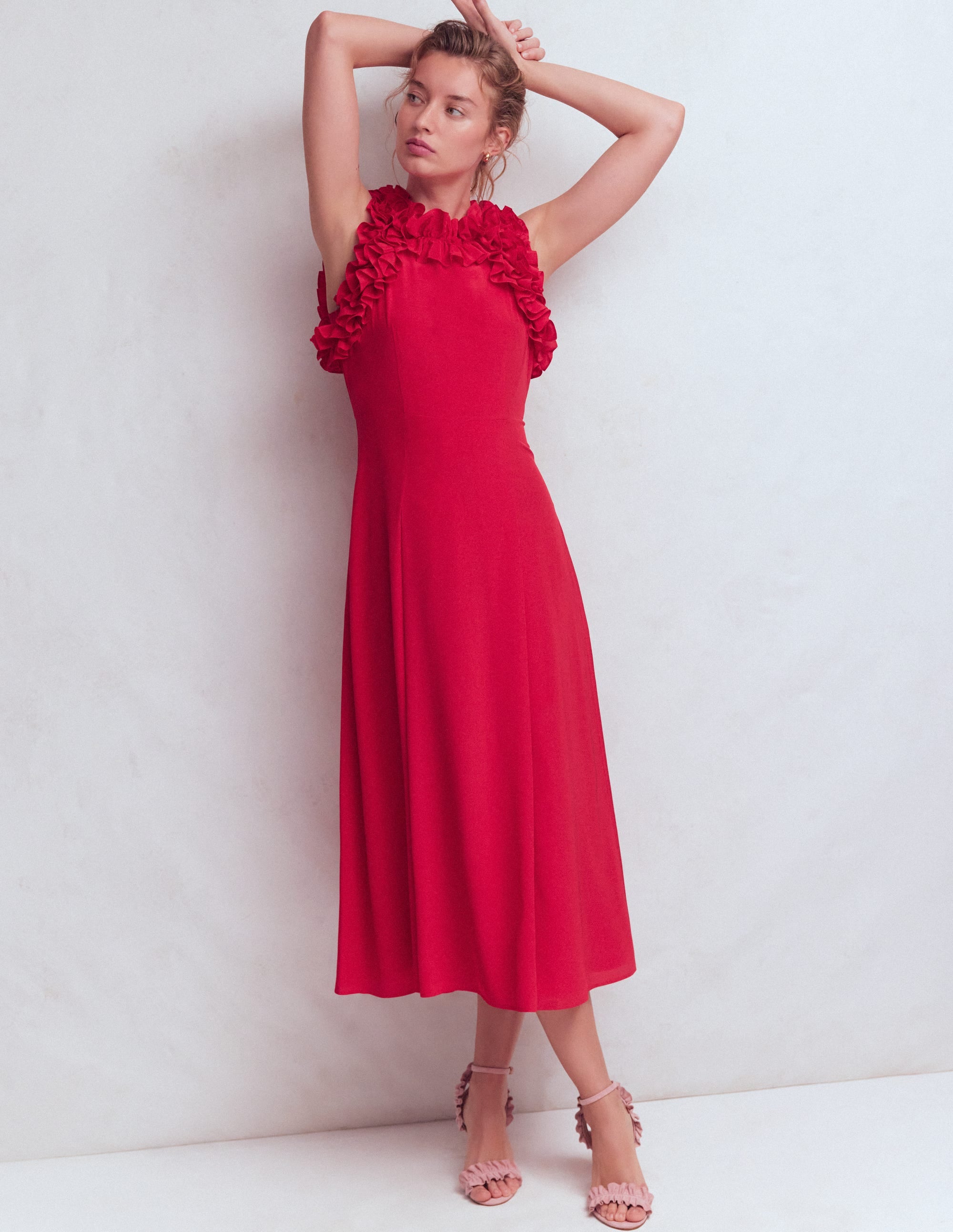Robe midi en soie à volants-ROUGE - Image 4