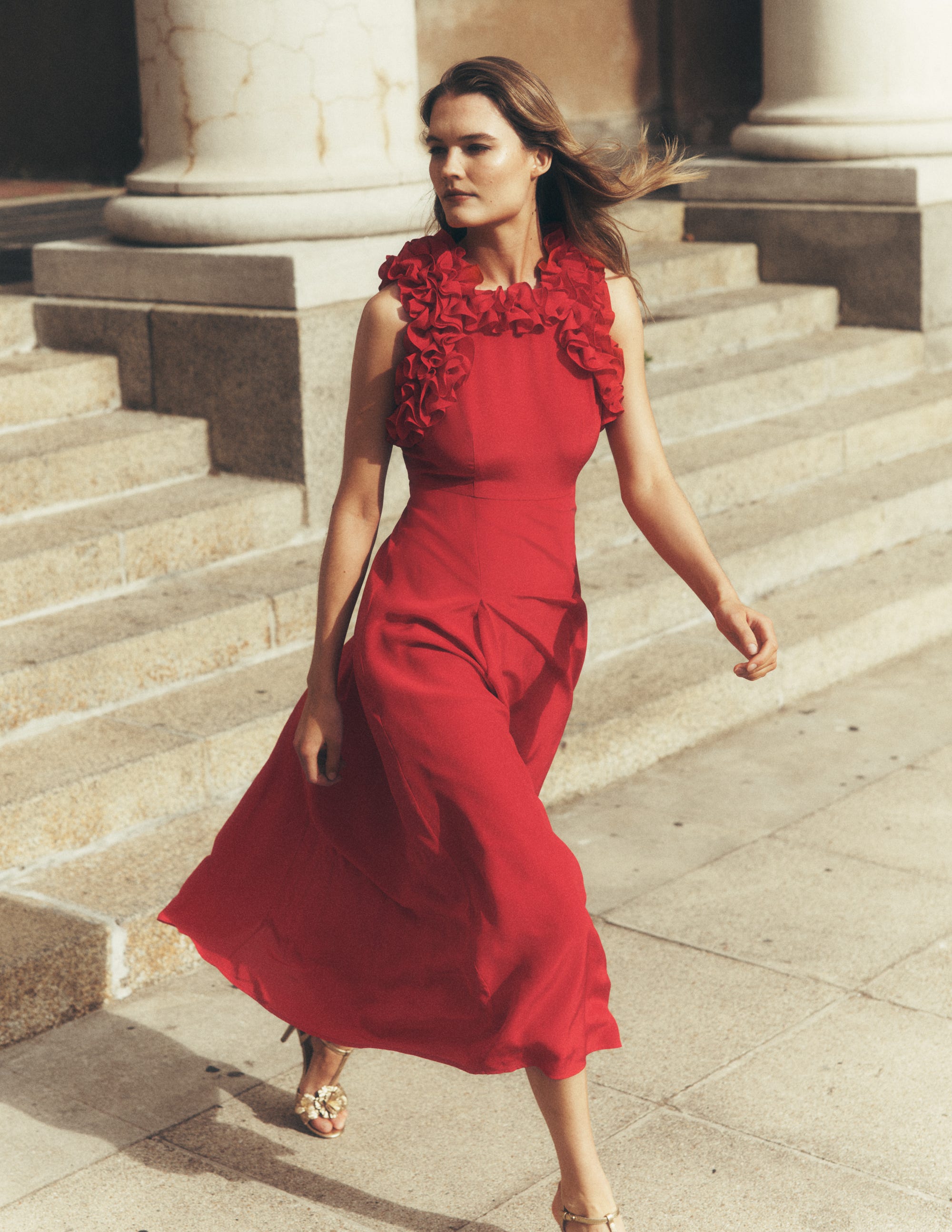 Robe midi en soie à volants-ROUGE - Image 5