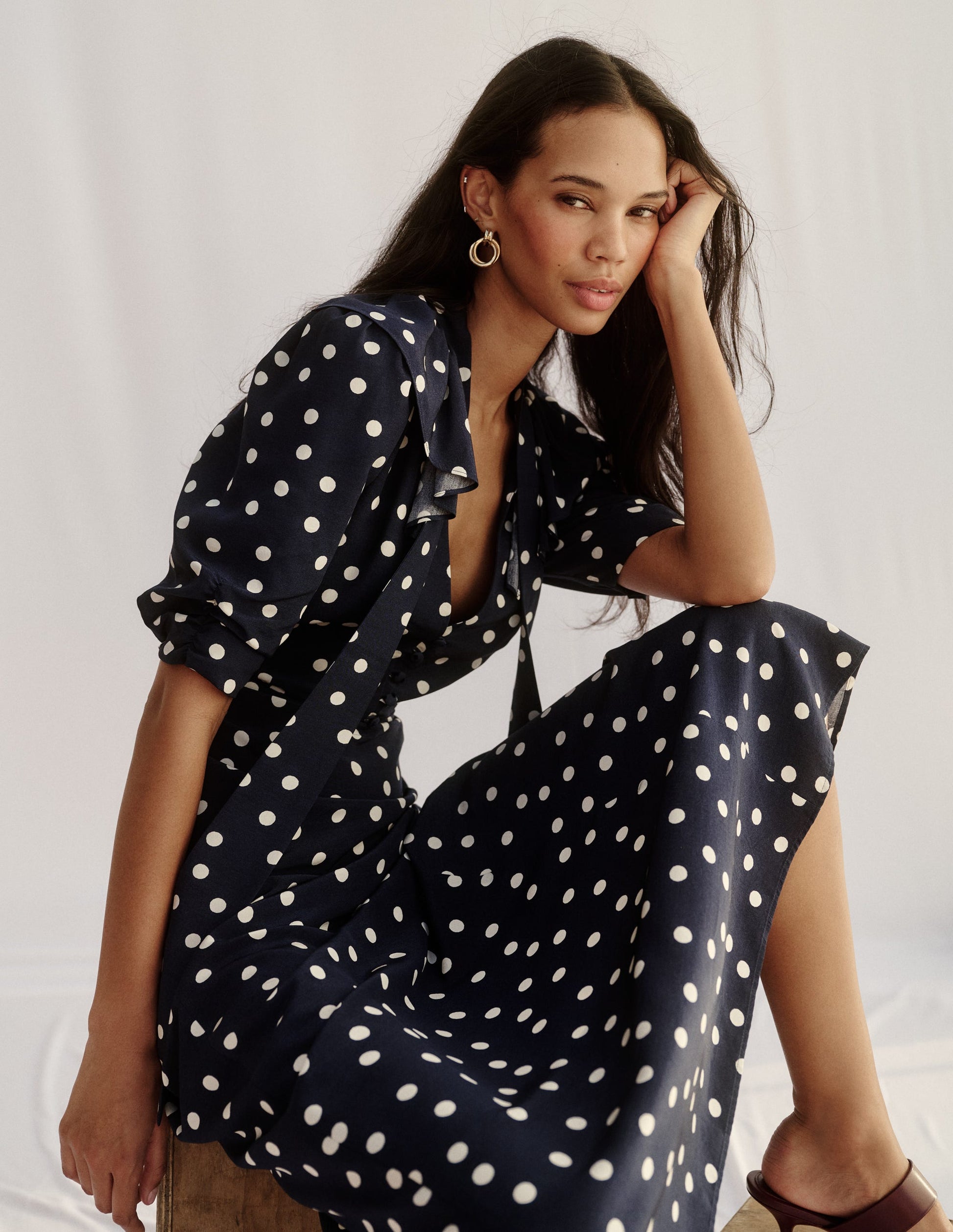 Ruffle Collar Midi Dress-French Navy Painted Spaced Dot-1