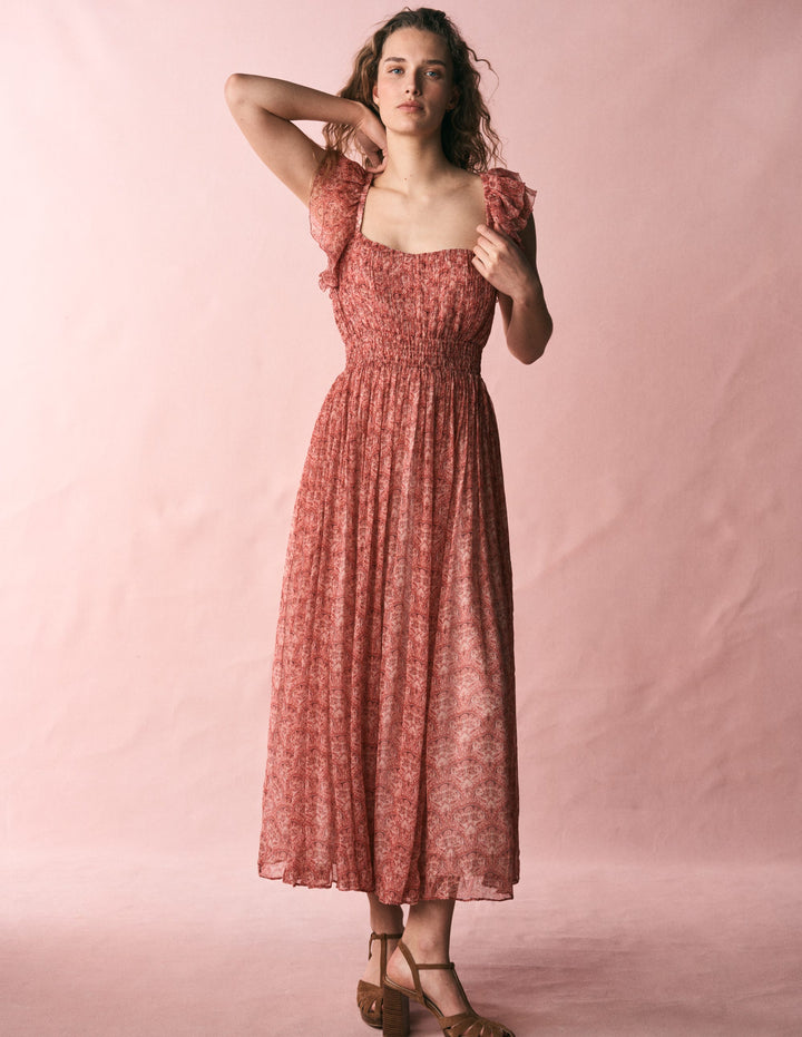Chiffon-Maxikleid in Knitteroptik-Rosa Paradiesgärten