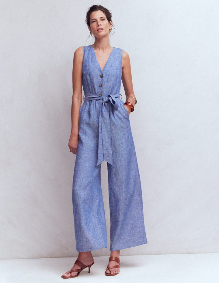 Laura V-neck Linen Jumpsuit-Authentic Blue Chambray