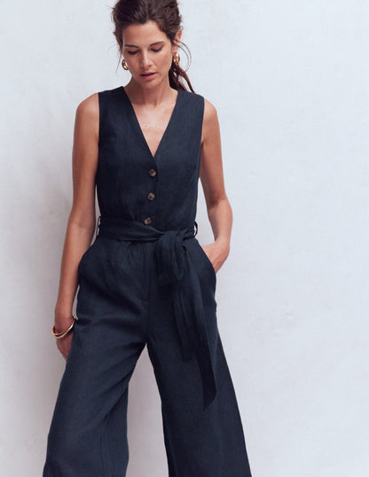 Laura Leinen-Jumpsuit mit V-Ausschnitt-Marineblau-4