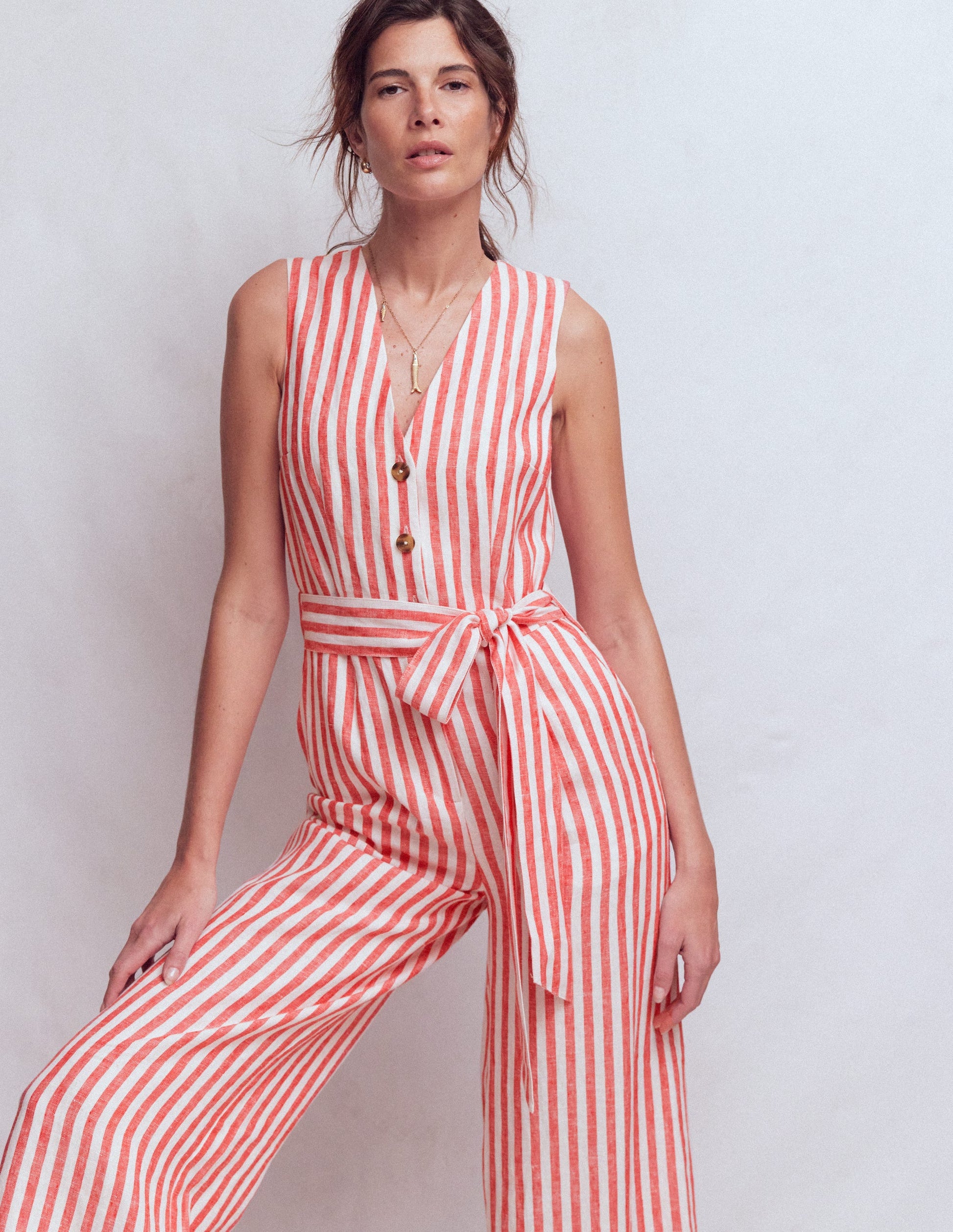 Combinaison Laura à col V en lin-Rayé rouge, ivoire-2