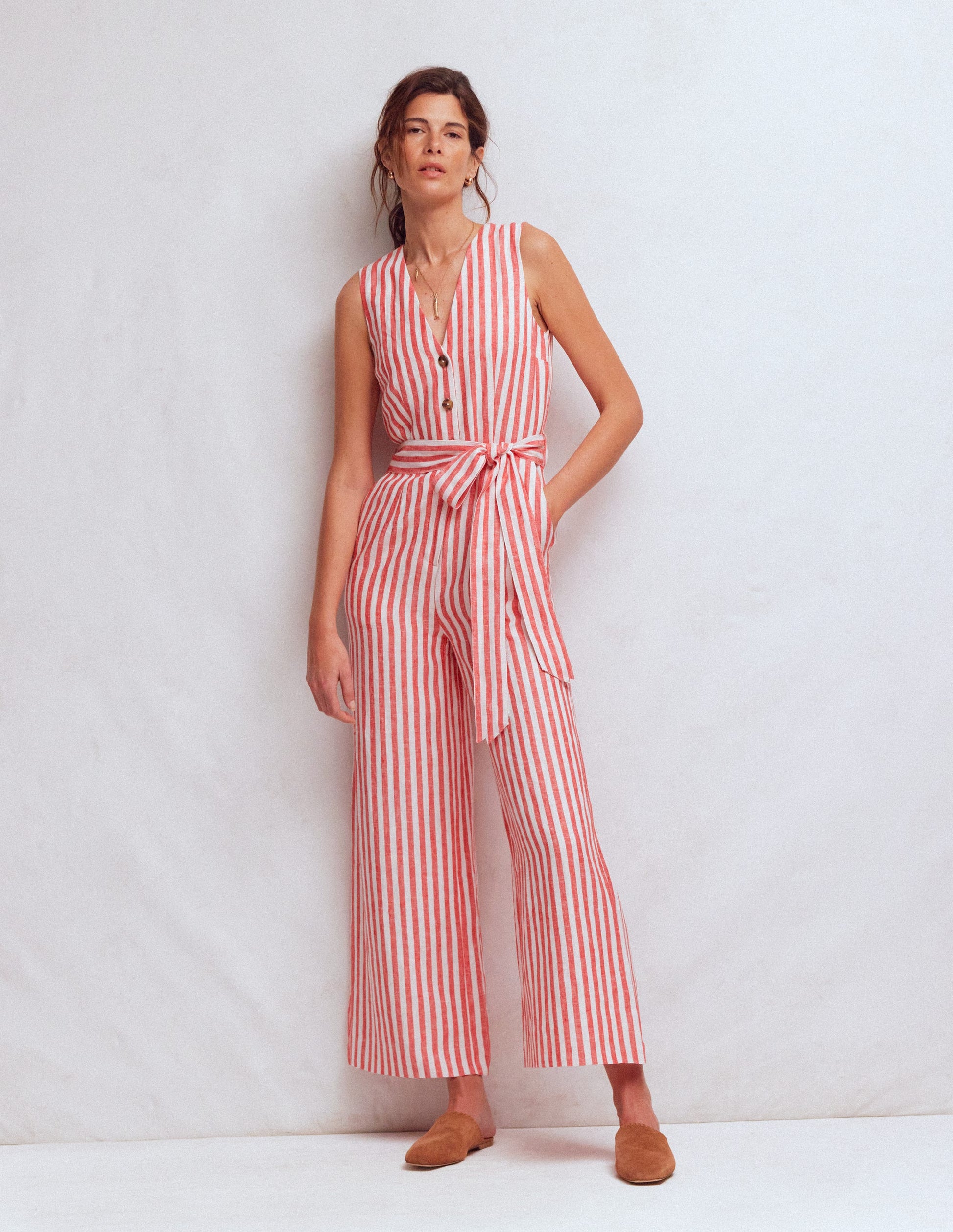 Combinaison Laura à col V en lin-Rayé rouge, ivoire-6
