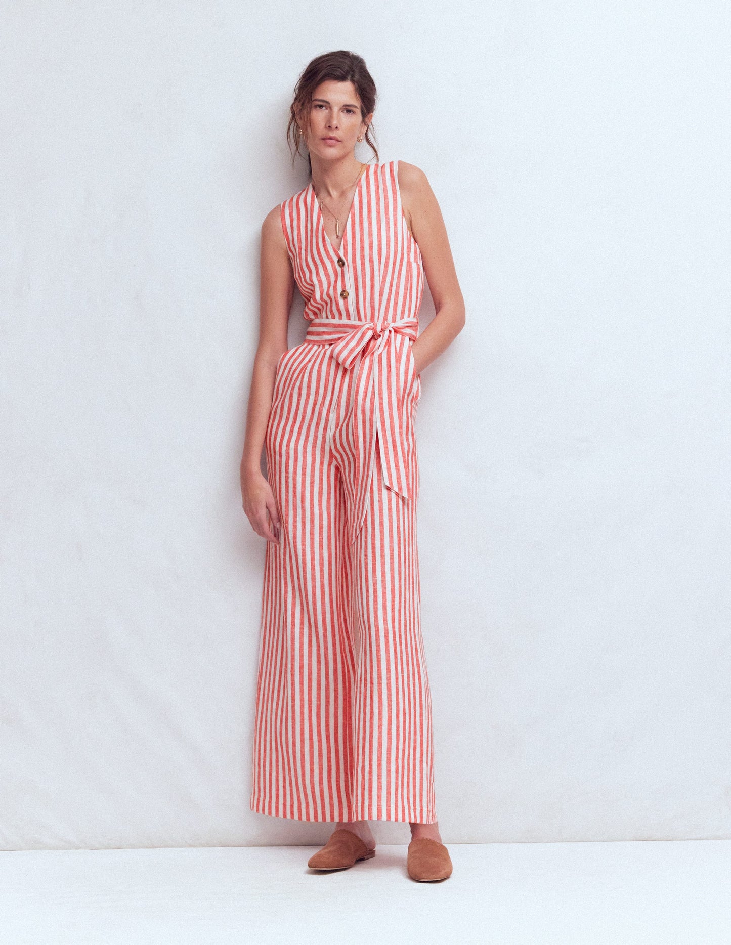 Combinaison Laura à col V en lin-Rayé rouge, ivoire