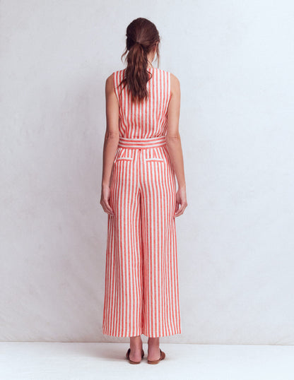 Combinaison Laura à col V en lin-Rayé rouge, ivoire-8
