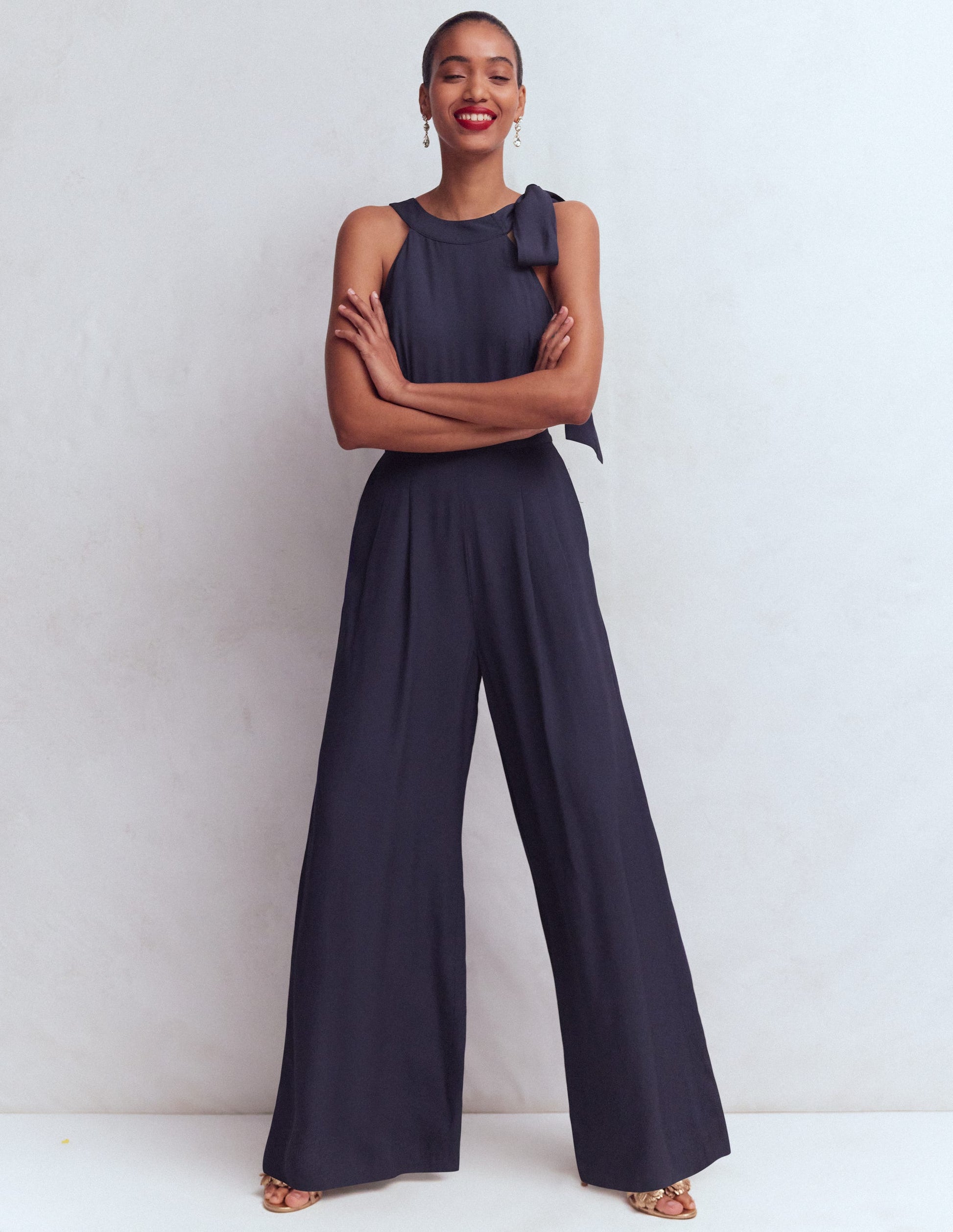 Tie Halter Neck Jumpsuit-Navy-1