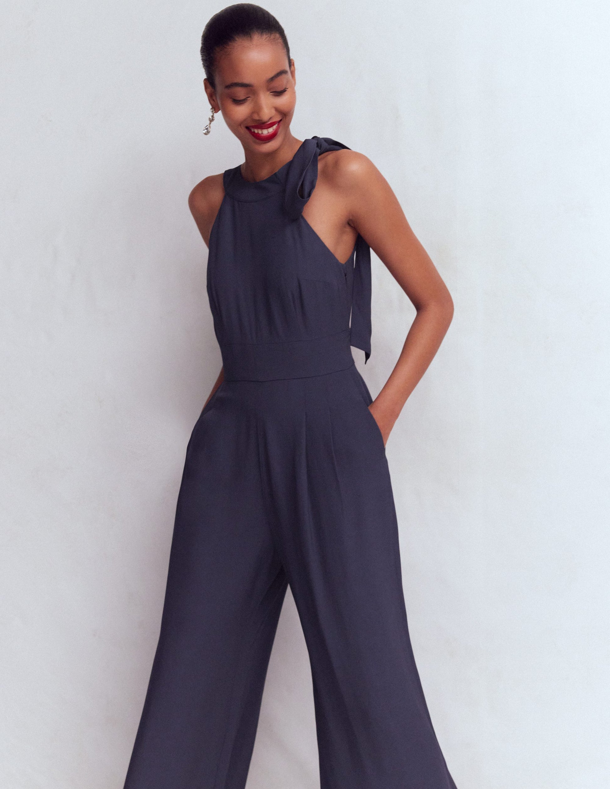 Tie Halter Neck Jumpsuit-Navy-4
