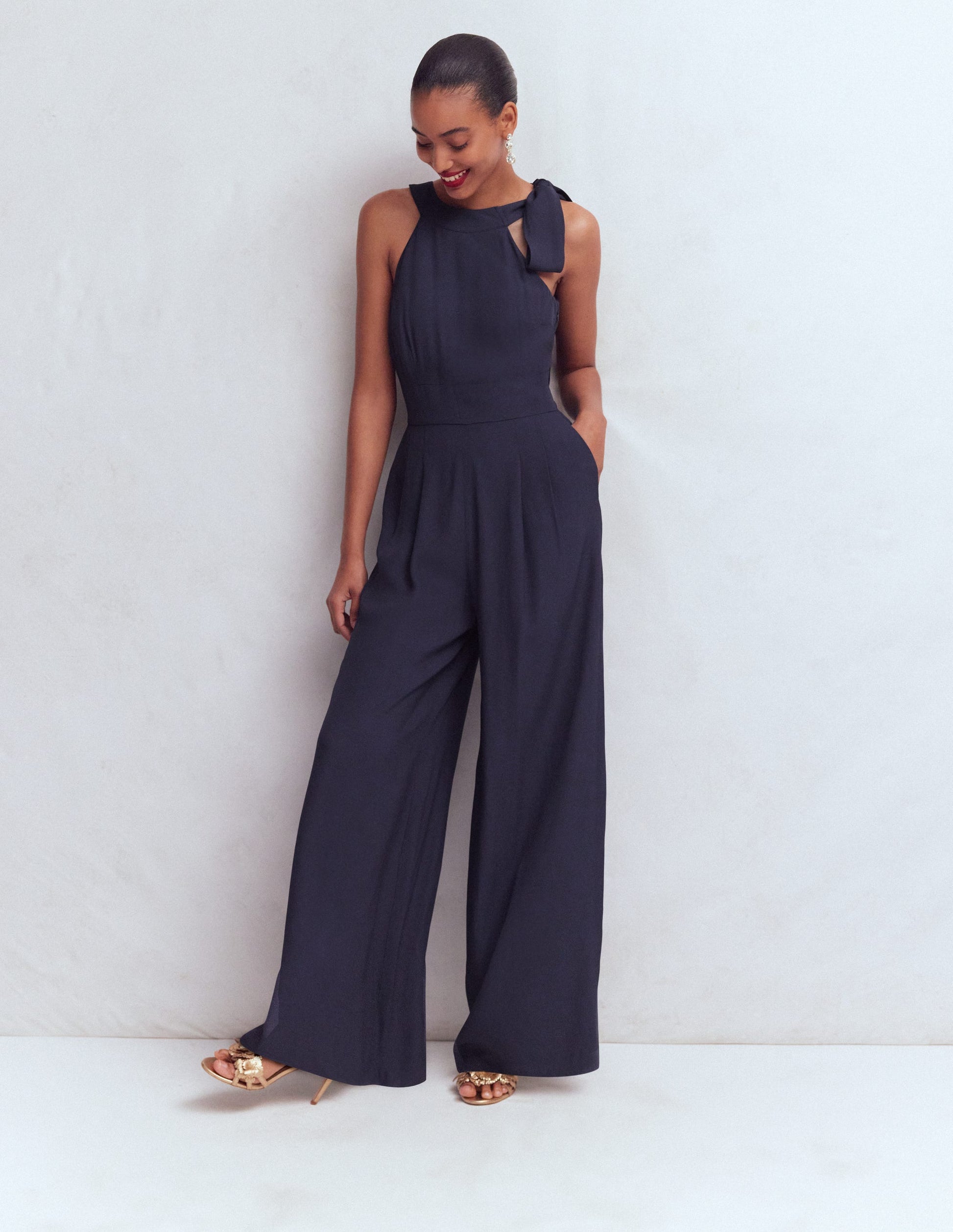 Tie Halter Neck Jumpsuit-Navy-5