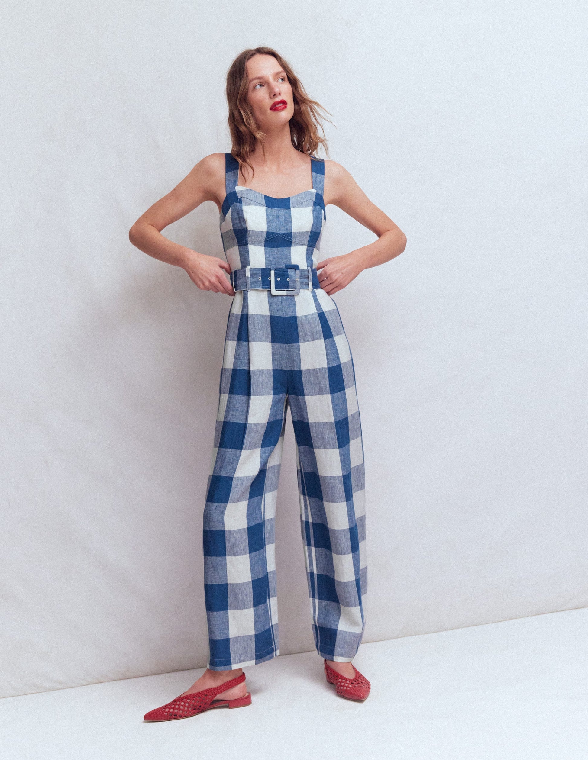 Panelled Bodice Linen Jumpsuit-Denim Blue Gingham-3