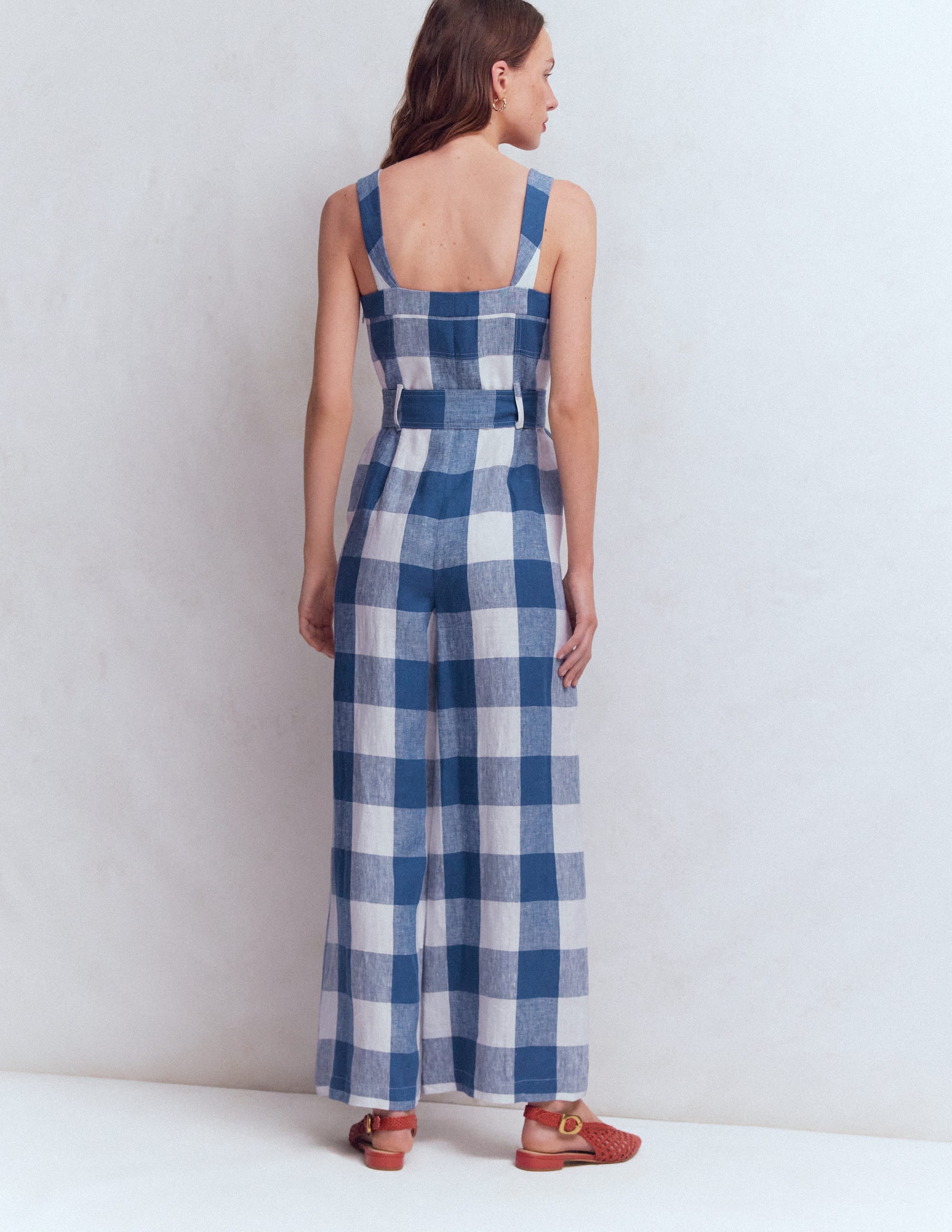 Leinen-Jumpsuit mit  Einsätzen am Oberteil-Denimblau Vichykaro - Image 3