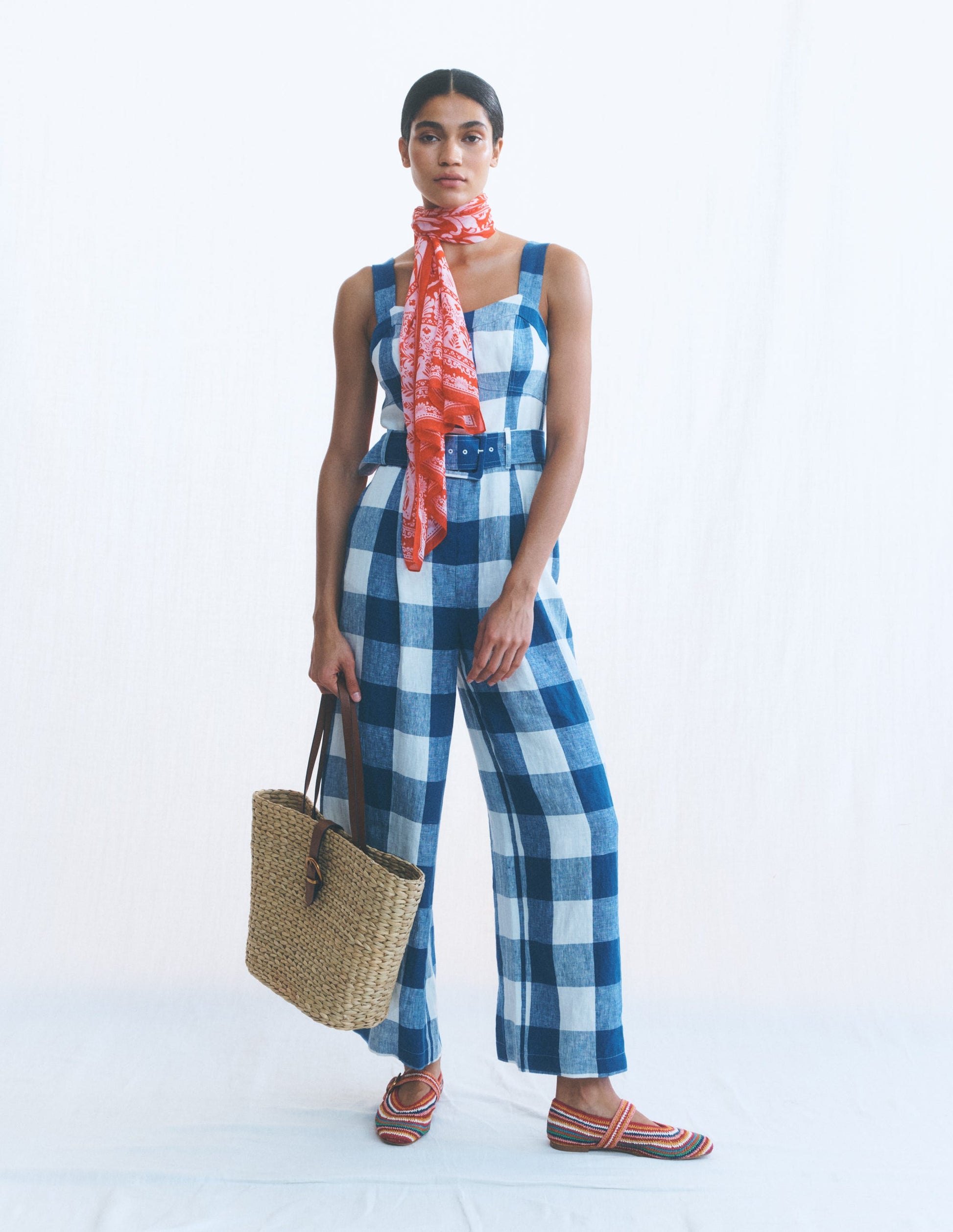 Panelled Bodice Linen Jumpsuit-Denim Blue Gingham-2