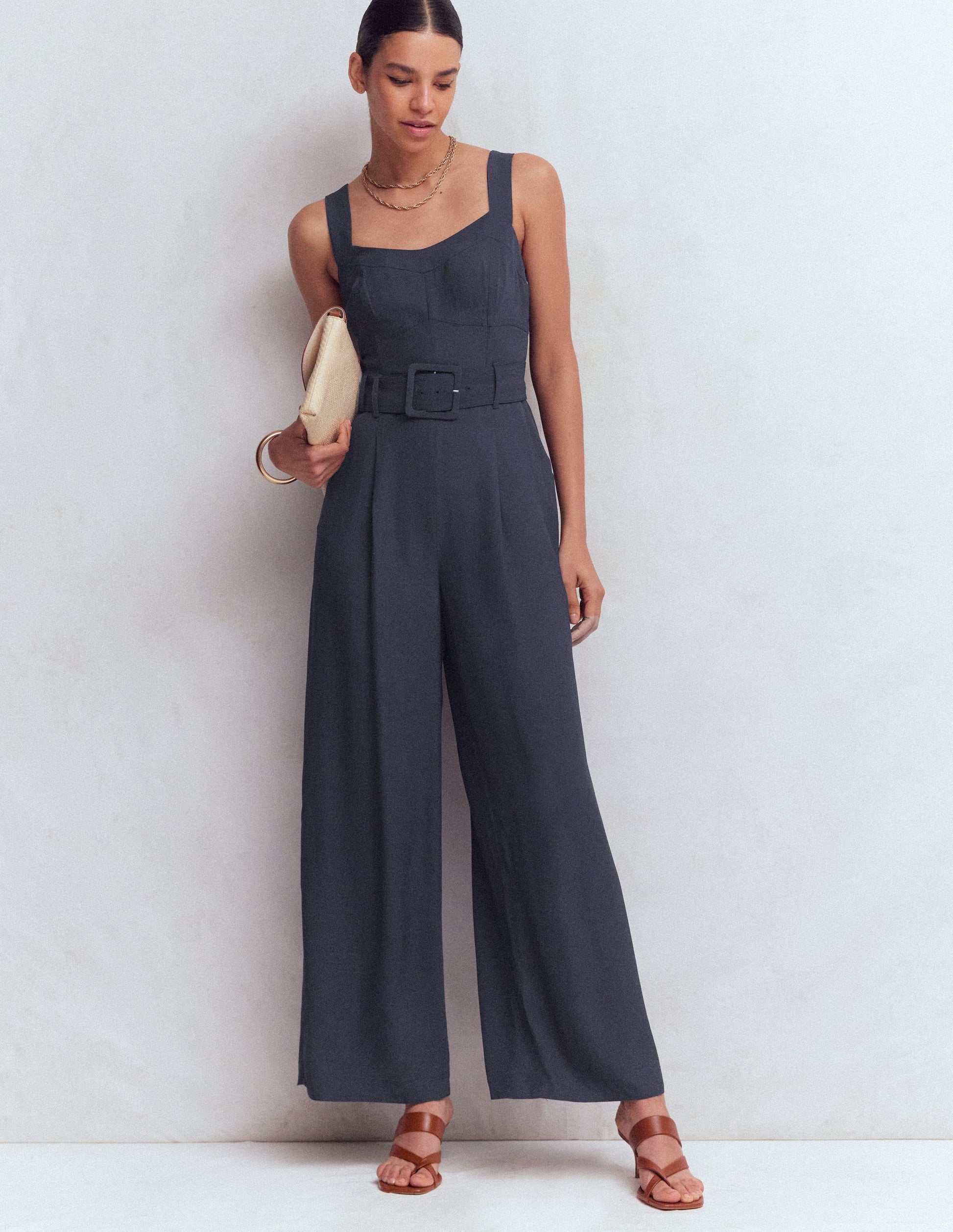 Boned Bodice Occasion Jumpsuit-Navy-1