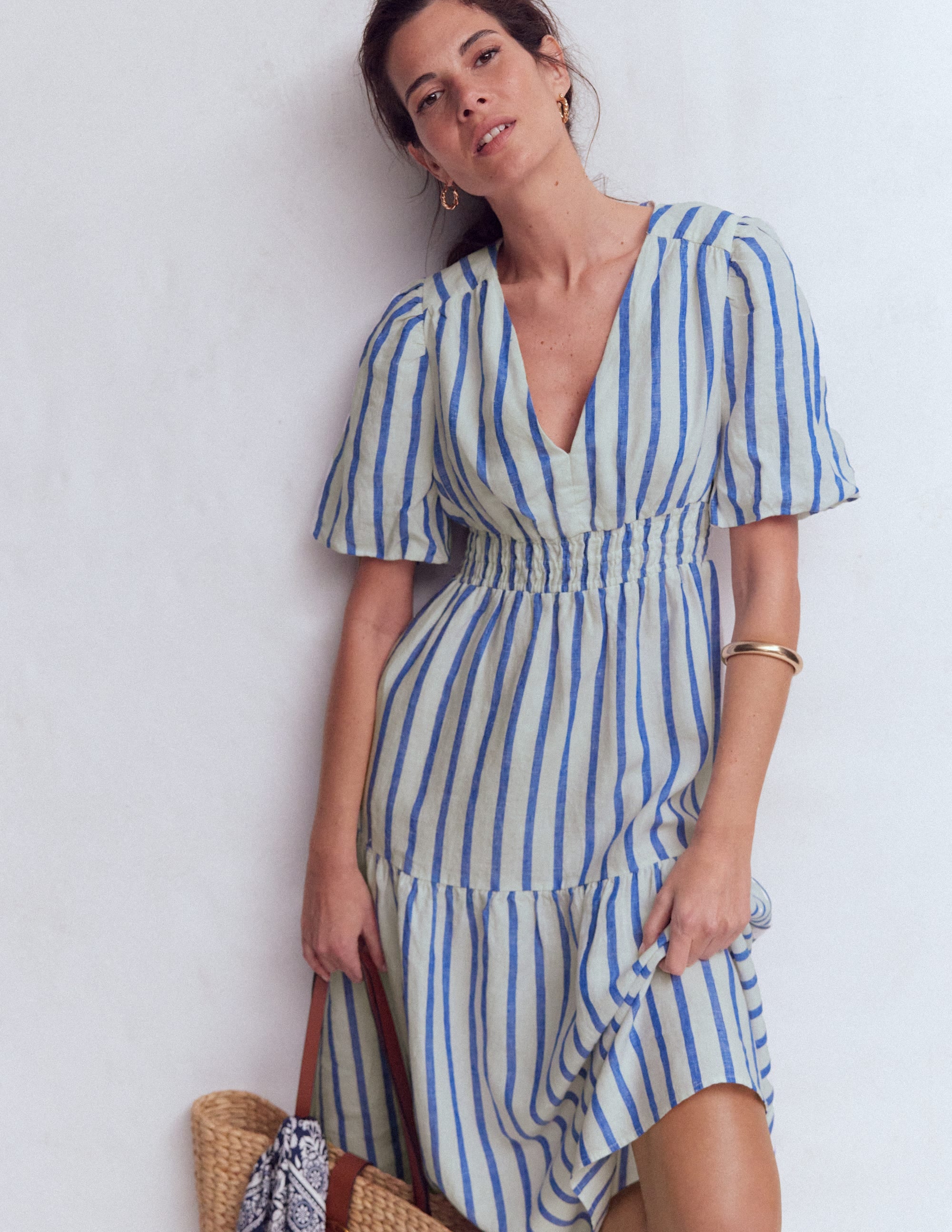 Robe midi Irene en lin-Rayé bleu - Image 1