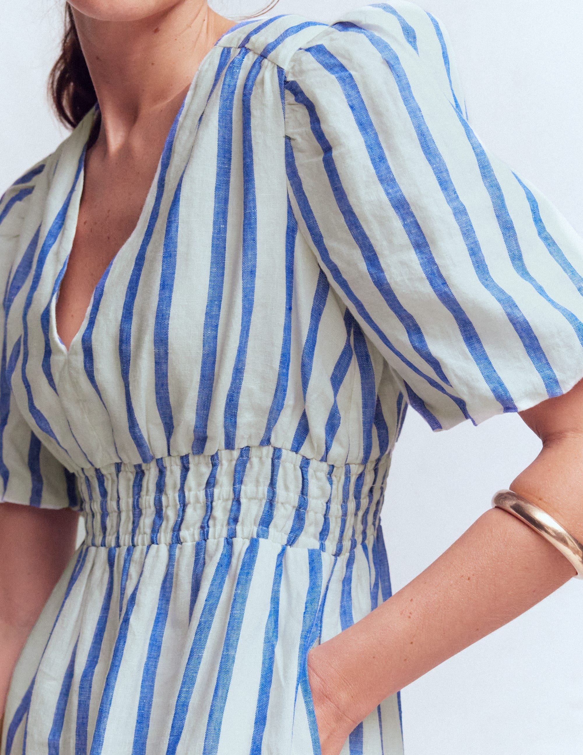 Robe midi Irene en lin-Rayé bleu - Image 2