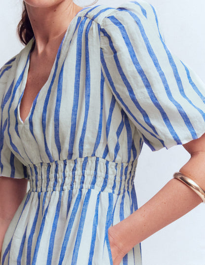 Irene Leinenkleid mit Puffärmeln-Blau Streifen-3