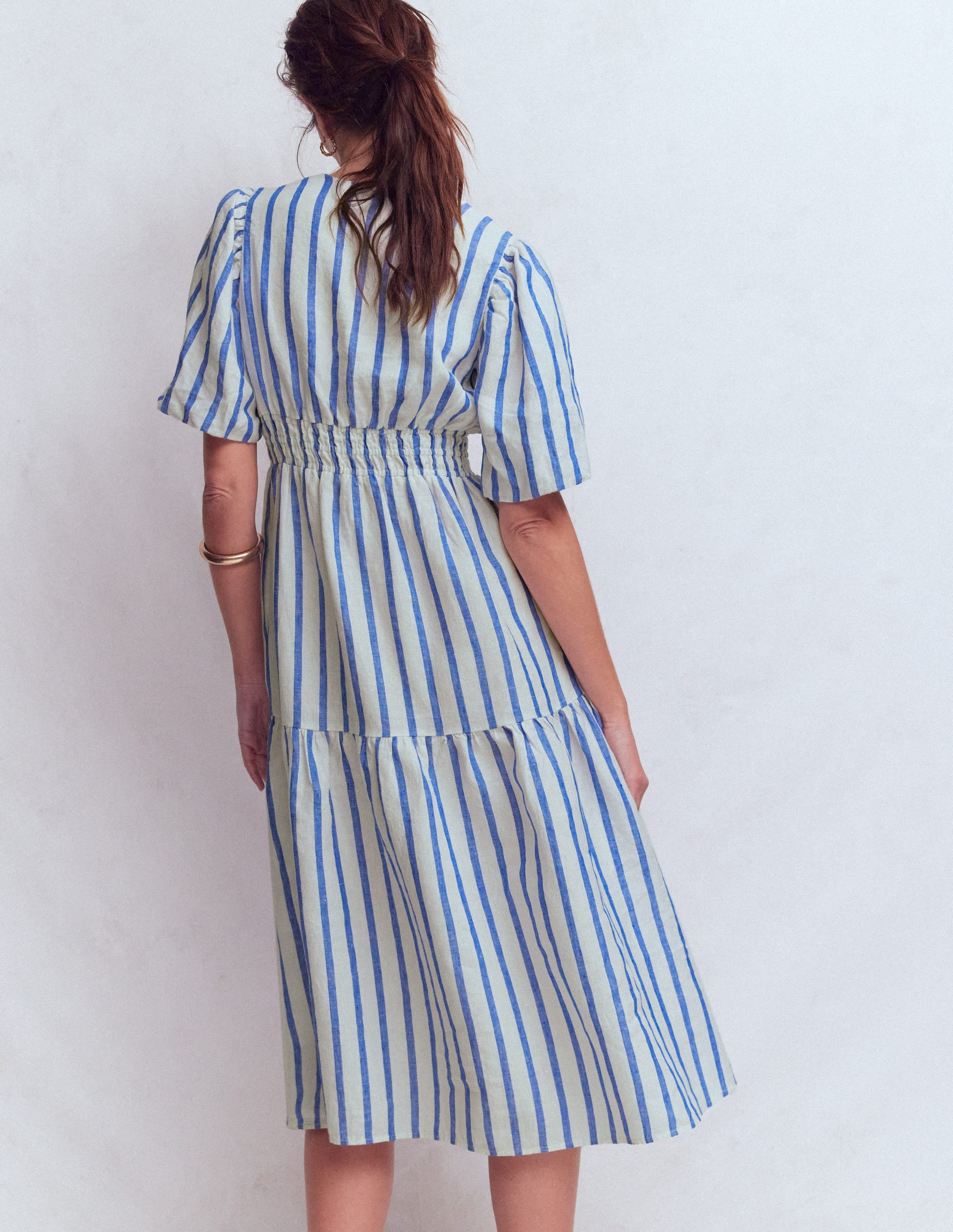 Robe midi Irene en lin-Rayé bleu - Image 3