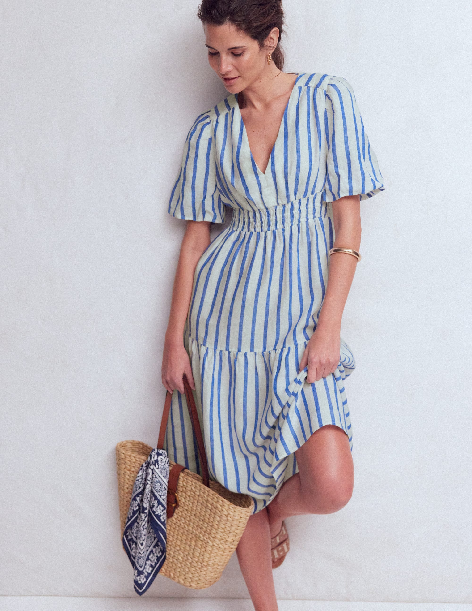 Robe midi Irene en lin-Rayé bleu - Image 4