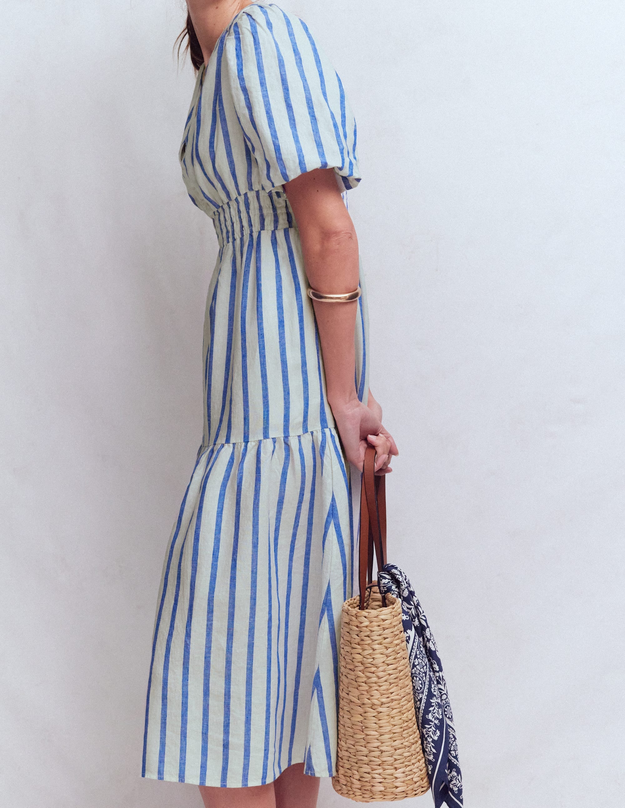 Robe midi Irene en lin-Rayé bleu - Image 5