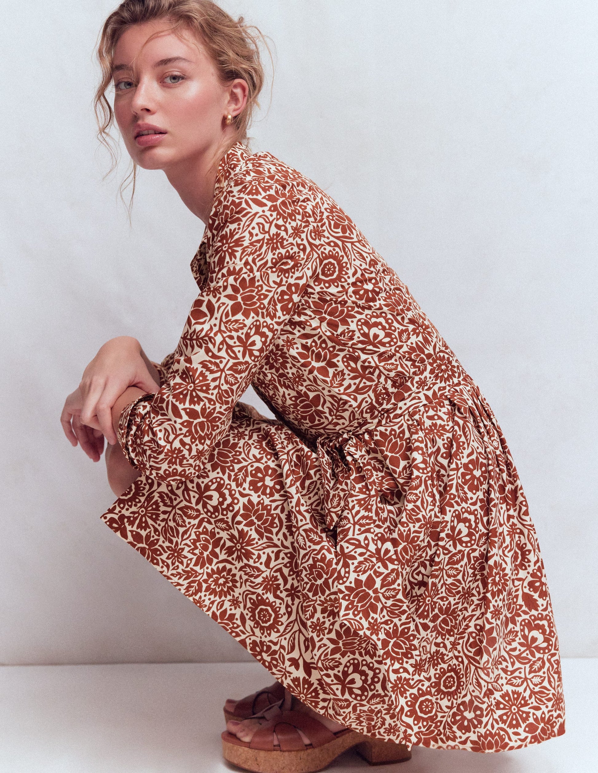 Alexa Long Sleeve Short Dress-Brown, Meadow Scatter-2