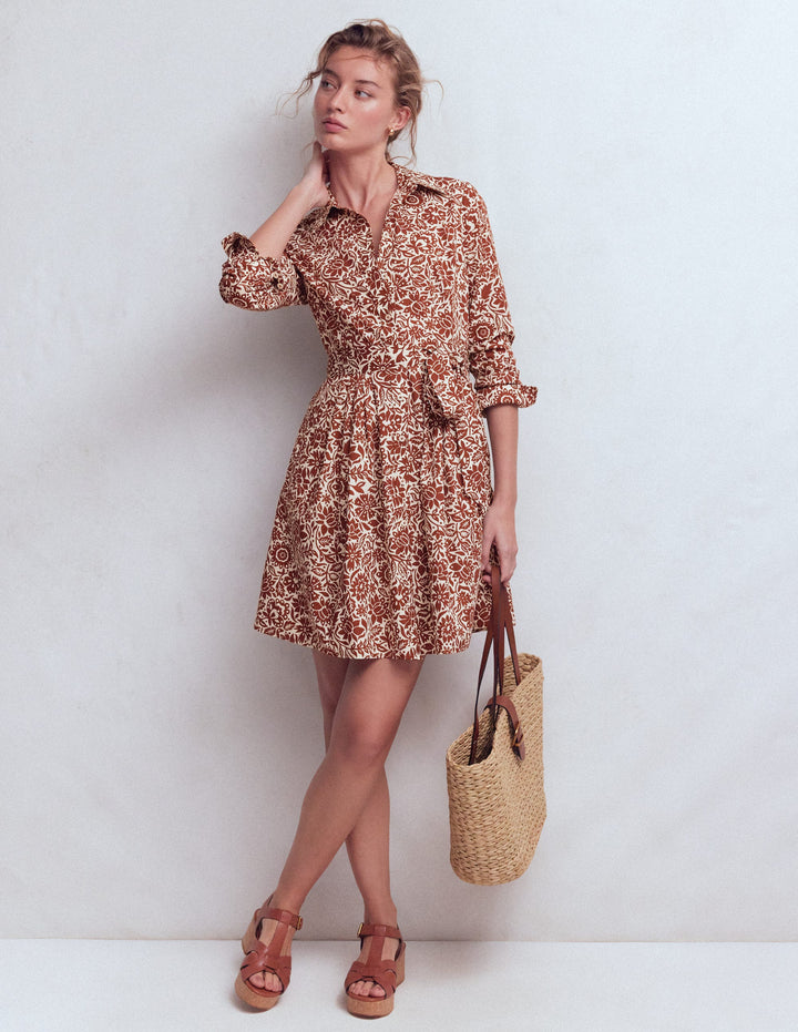 Alexa Langärmliges, kurzes Kleid-Braun, Großflächiges Wiesenmuster
