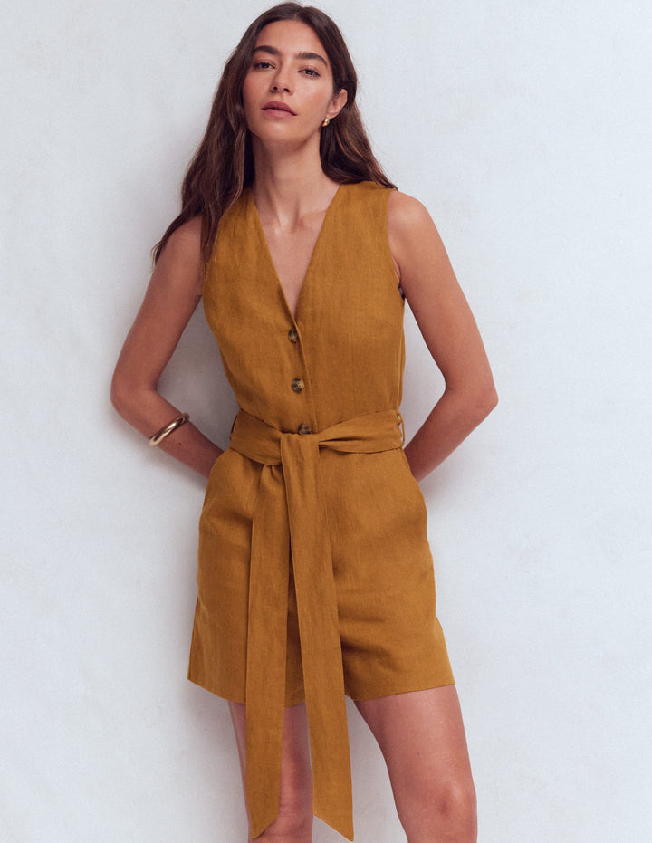 Laura Leinen-Jumpsuit mit V-Ausschnitt-Lebkuchen