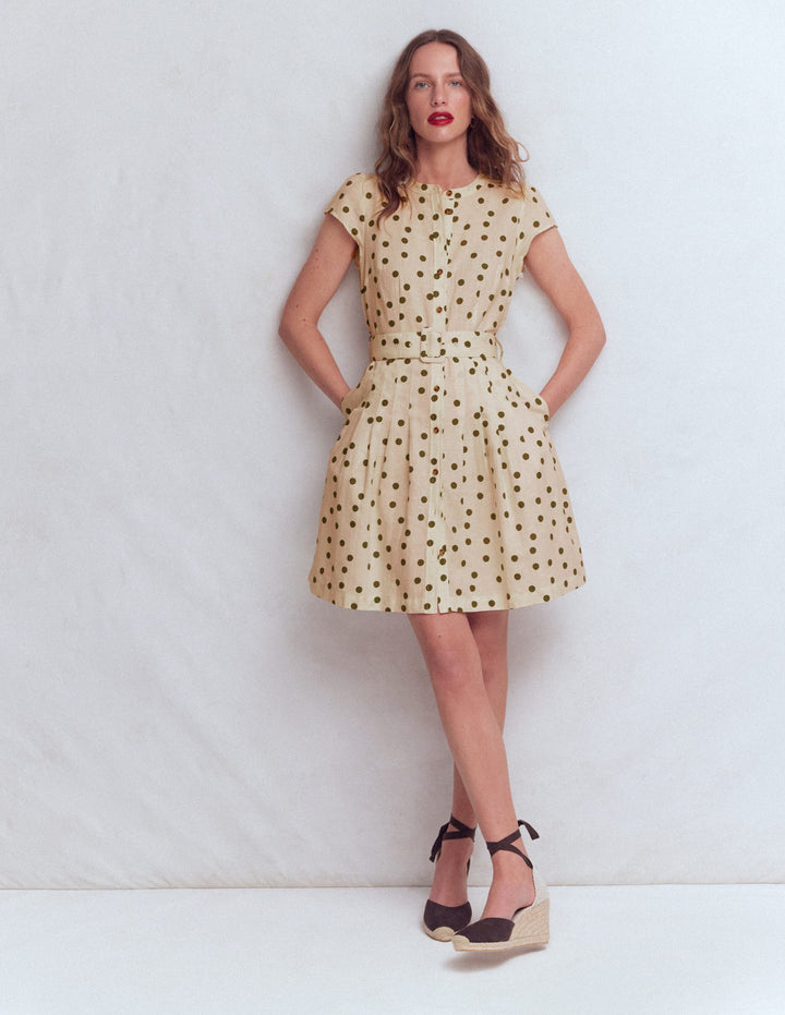 Arabella Kurzes Leinenkleid-Naturweiß Gemalte Tupfen