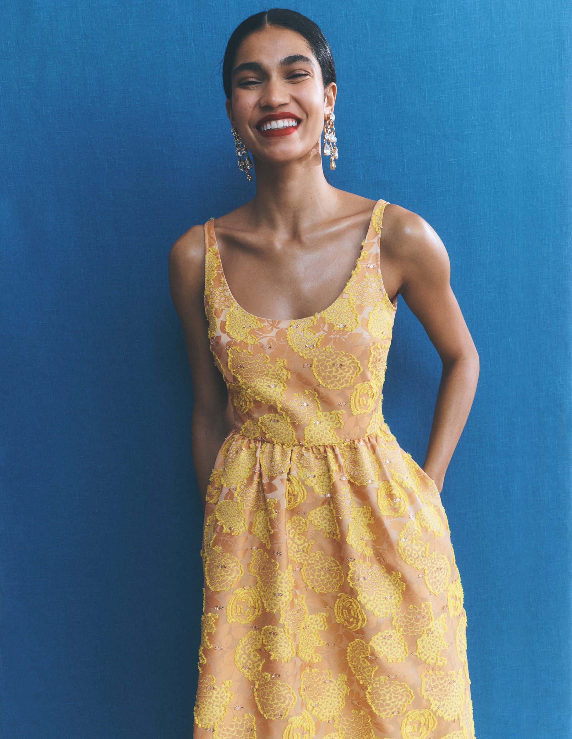 Robe à col U en jacquard-Jacquard jaune-3