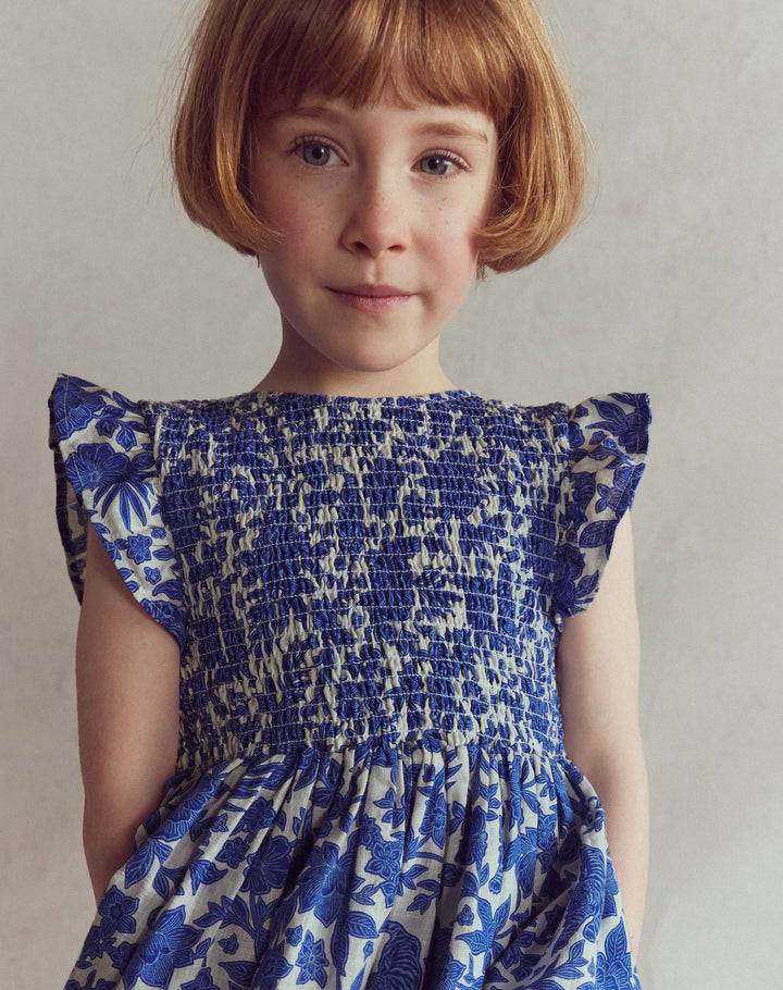 Gerafftes Kleid mit Schleife am Rücken-Leuchtendes Blau Dschungel Holzschnitt