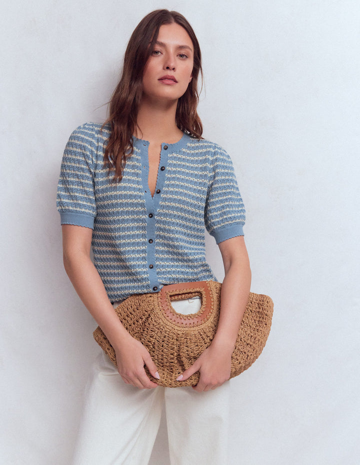 Gepunktete Pointelle-Strickjacke-Blau Streifen