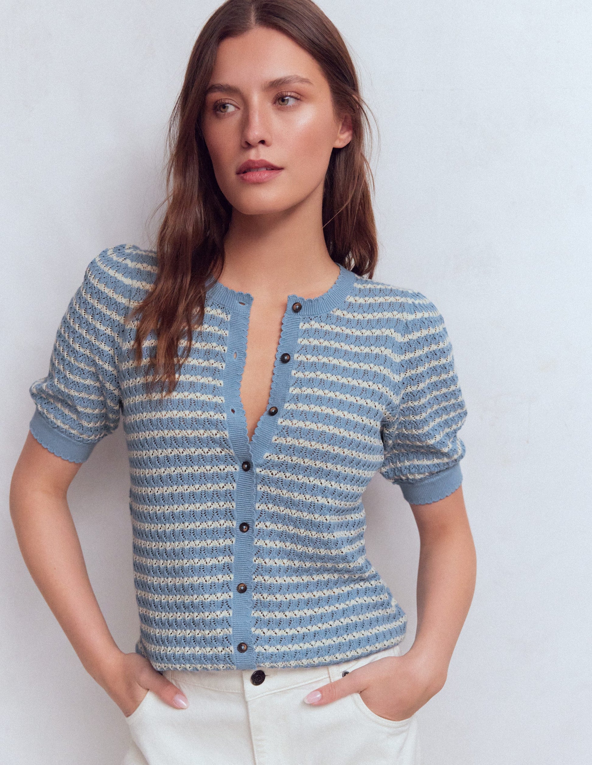 Gepunktete Pointelle-Strickjacke-Blau Streifen-4